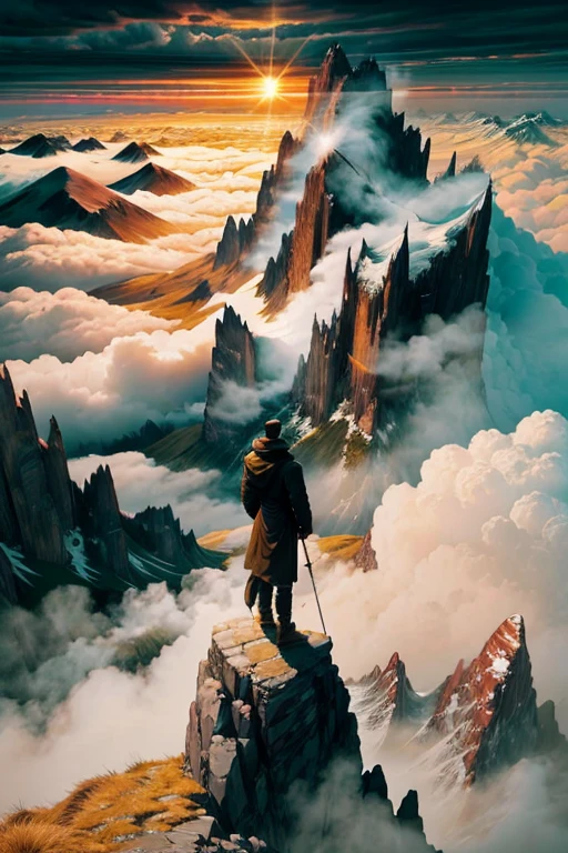 A lone figure stands atop a mountain peak, surrounded by clouds and mist. The wind howls fiercely, threatening to throw the figure off balance. Below, a vast, sweeping landscape stretches out as far as the eye can see. The mood is one of determination and courage, with a sense of triumph over adversity. The atmosphere is one of majesty and grandeur, with a feeling of being on top of the world. The lighting is bright and radiant, with the sun peeking through the clouds and illuminating the landscape in a warm, golden light.