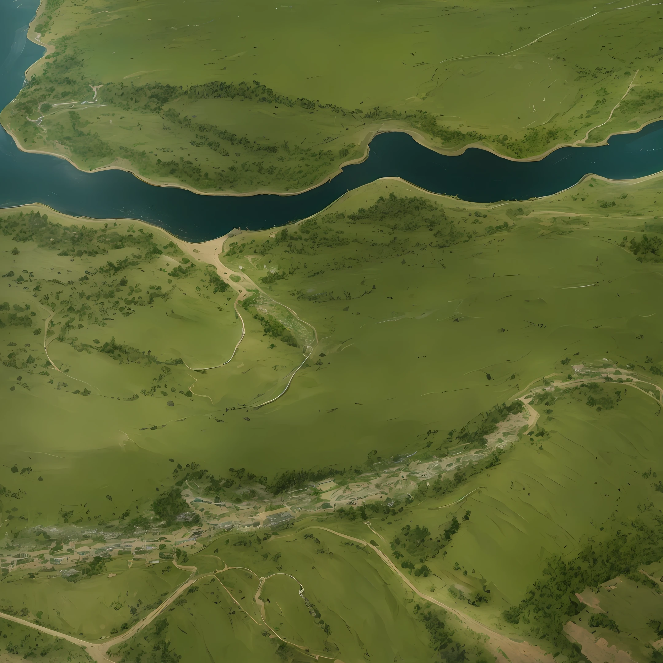 There is a digital painting picture of a river, meandering river, twisting waterways, a river running through it, huge river, very detailed! , flowing hills, river delta, river in background, huge river, river runs through the middle, background lake detail, water channel, big river, landscape detail - width 672, game map painted light, road, trail, road has mud Texture, mudstone texture is real and detailed, real river bank, river, embankment, high angle of view, overlooking
