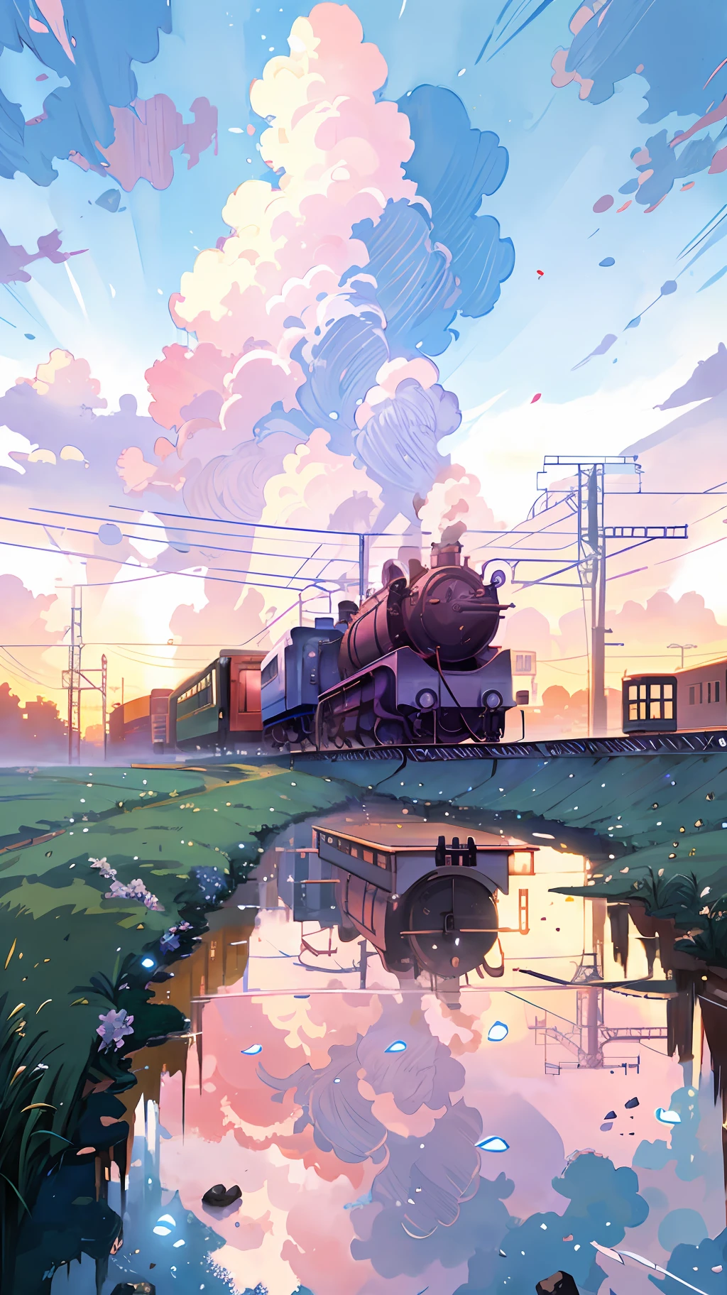 Masterpiece, anime train on tracks through bodies of water, pictures by Makoto Shinkai, pixiv, concept art, breathtaking views. lofi art style, reflections. by makoto shinkai, lofi art, beautiful anime scenes, anime scenery, detailed scenery—width 672, in style of makoto shinkai, style of makoto shinkai, details enhanced.