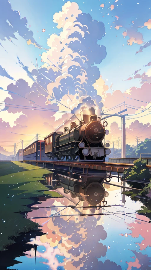 Masterpiece, anime train on tracks through a body of water, pink train. Romantic Train, Makoto Shinkai's picture, pixiv, concept art, lofi art style, reflection. by makoto shinkai, lofi art, beautiful anime scenes, anime scenery, detailed scenery—width 672, in style of makoto shinkai, style of makoto shinkai, details enhanced.