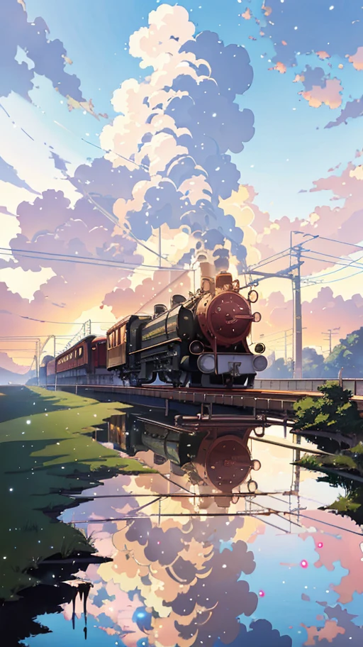 Masterpiece, anime train on tracks through a body of water, pink train. Romantic Train, Makoto Shinkai's picture, pixiv, concept art, lofi art style, reflection. by makoto shinkai, lofi art, beautiful anime scenes, anime scenery, detailed scenery—width 672, in style of makoto shinkai, style of makoto shinkai, details enhanced.