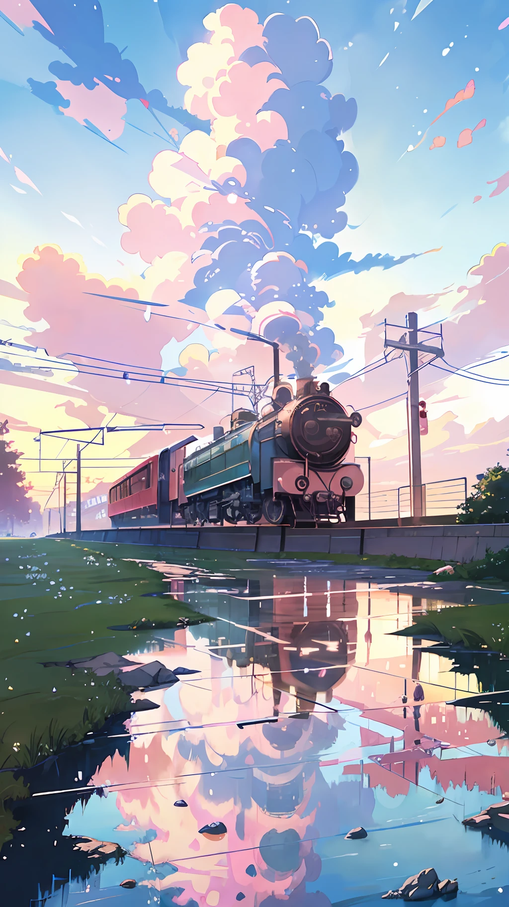 Masterpiece, anime train on tracks through a body of water, pink train. Romantic Train, Makoto Shinkai's picture, pixiv, concept art, lofi art style, reflection. by makoto shinkai, lofi art, beautiful anime scenes, anime scenery, detailed scenery—width 672, in style of makoto shinkai, style of makoto shinkai, details enhanced.