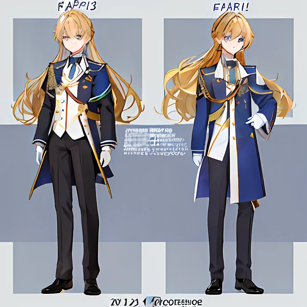 Two-dimensional, full body, handsome young man, school uniform, Long blonde hair::2, Blue eyes::2, wearing sapphire earrings, indifferent expressions, multiple poses and expressions, full color, flat color, 12 different expressions are the same person, --ar 11:20 --s 300 --niji 5 --style cute
