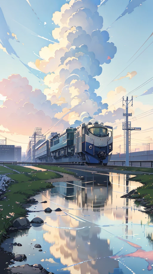 Masterpiece, anime high-speed rail crossing water body on track, pink high-speed rail. Romantic trains, high-tech high-speed trains. Makoto Shinkai's image, pixiv, concept art, lofi art style, reflection. by makoto shinkai, lofi art, beautiful anime scenes, anime scenery, detailed scenery—width 672, in style of makoto shinkai, style of makoto shinkai, details enhanced.