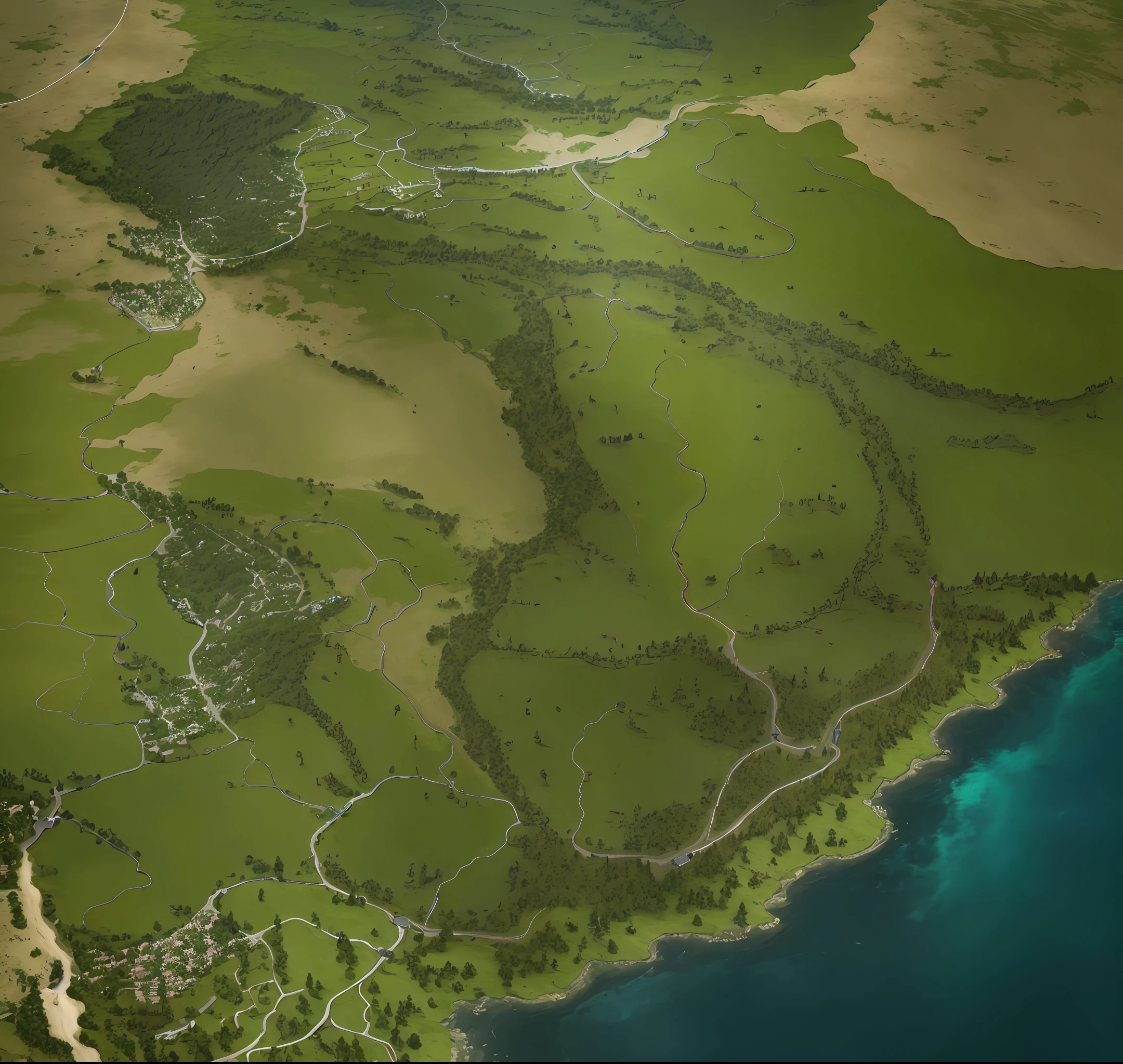 araffes in a field with a river and a forest, steam workshop maps, no trees, hyper detailed, zoom out very far, game map, grassy plains, coastline, highly detailed terrain, an expansive grassy plain, entire city visible, detailed scenery — Width 672, highly detailed maps, simple fantasy maps, r/battlemaps, detailed terrain, rock walls of river channels