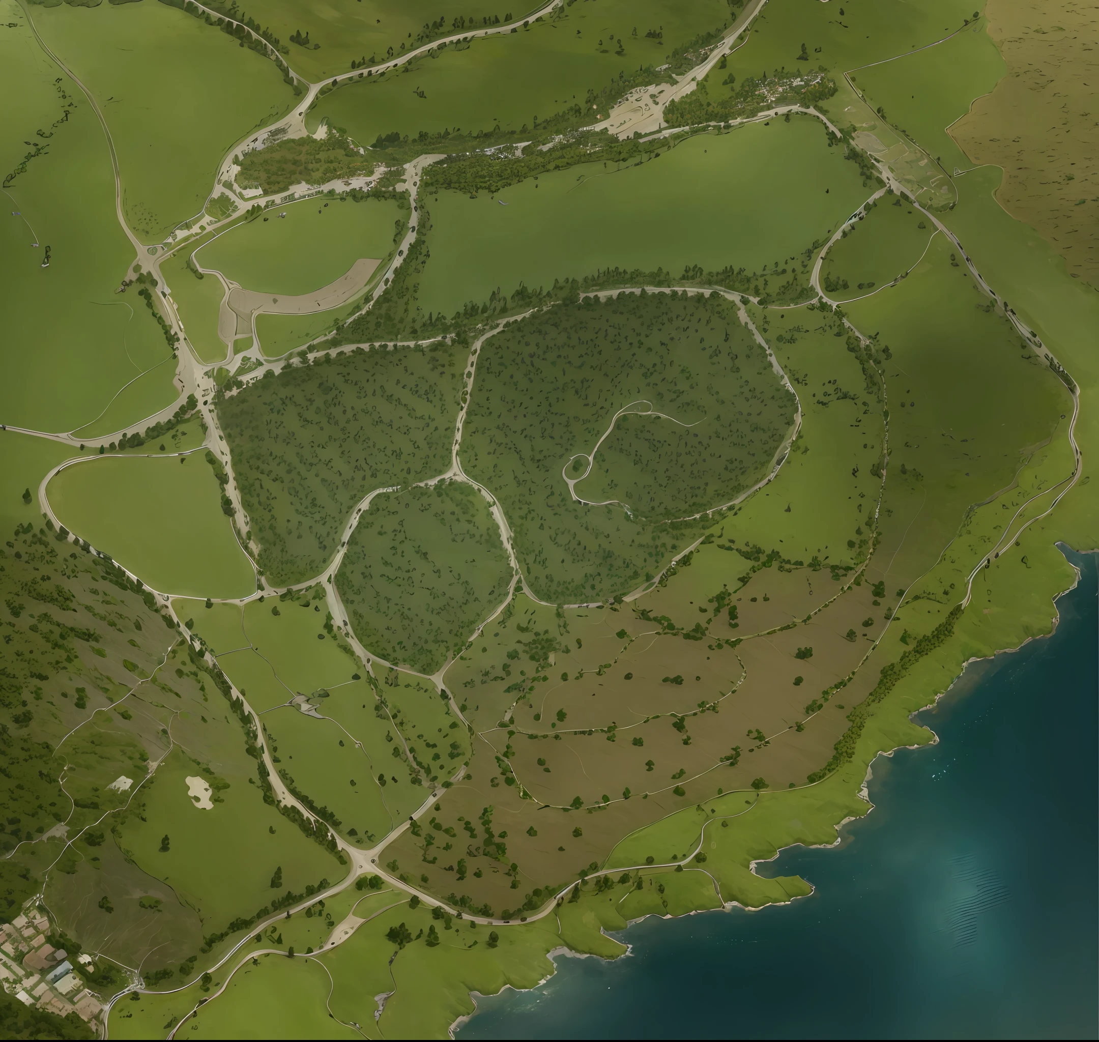 araffes in a field with a river and a forest, steam workshop maps, no trees, hyper detailed, zoom out very far, game map, grassy plains, coastline, highly detailed terrain, an expansive grassy plain, entire city visible, detailed scenery — Width 672, highly detailed maps, simple fantasy maps, r/battlemaps, detailed terrain, rock walls of river channels