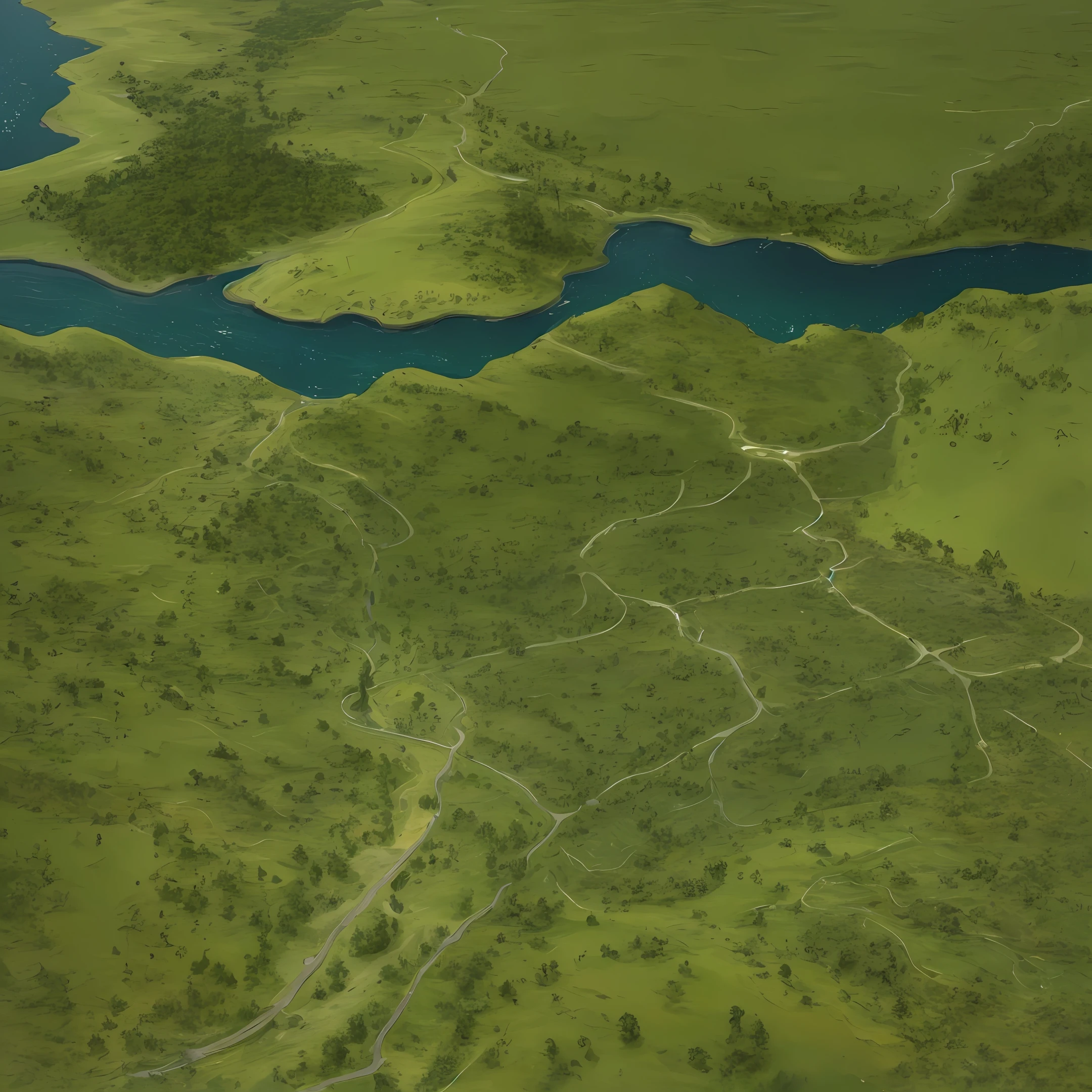 There is a digital painting picture of a river, meandering river, twisting waterways, a river running through it, huge river, very detailed! , flowing hills, river delta, river in background, huge river, river runs through the middle, background lake detail, water channel, big river, landscape detail - width 672, game map painted light, road, trail, road has mud Texture, mudstone texture is real and detailed, real river bank, river, embankment, high angle, overlooking