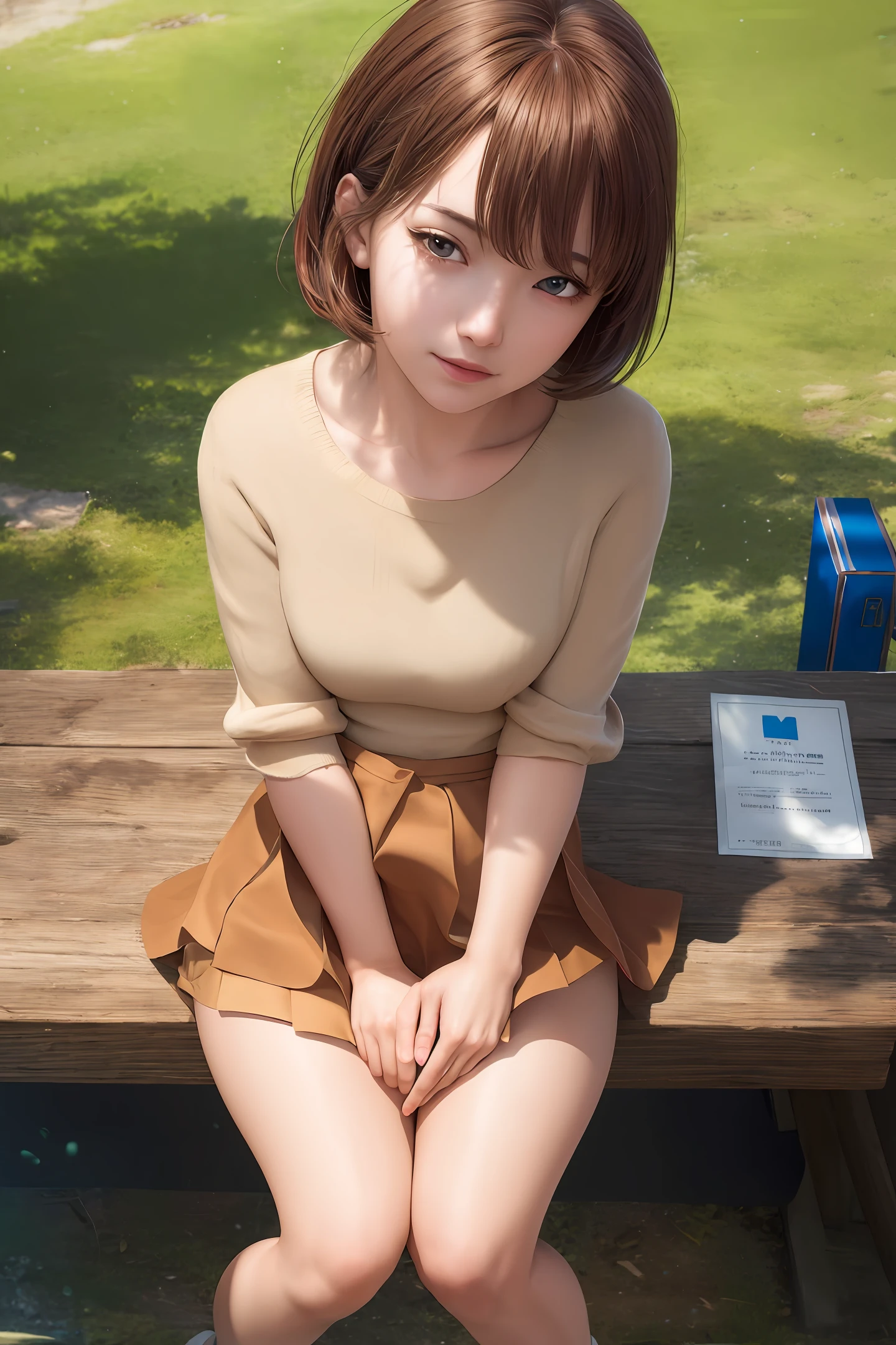 (masterpiece, best quality:1), (photorealistic:1.2), light, depth of field, (detail face, face focus:1), cg gameplay, super detailed, 8k, intricate detail, hiqcg, 1girl, solo,anime, view audience, miniskirt, sitting down