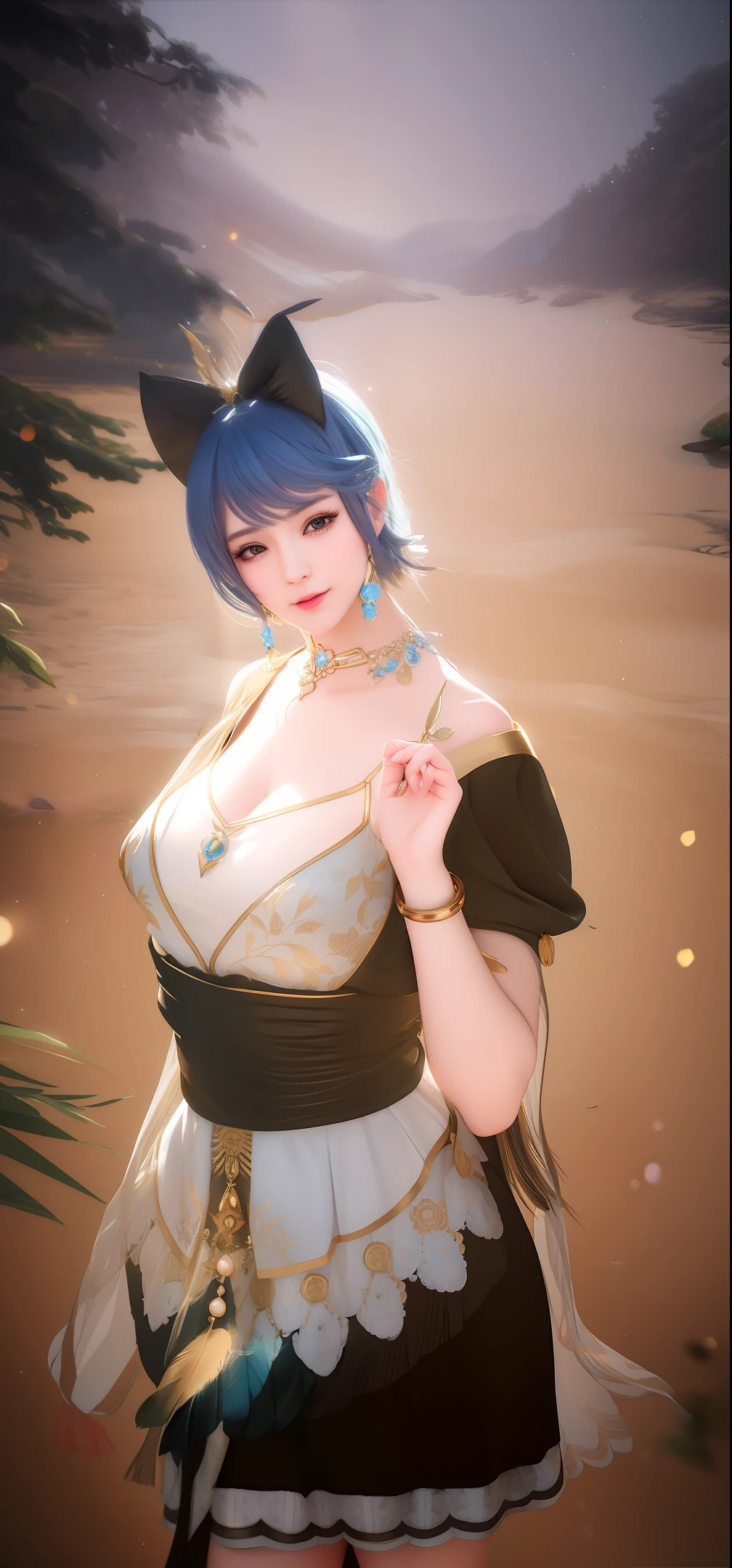 (best quality, masterpiece, high resolution), 1girl,(portrait), white transparent silk china dress, smile, closed mouth,lips, dress, chinese cloth, necklace, jewelry, long hair, earrings, Beautiful face,upon_body, tyndall effect,photorealistic, rim lighting, two tone lighting,(high detailed skin:1.2), 8k UHD, DSLR, soft lighting, high quality, volumetric lighting, candid, high resolution, 4k, 8k, Bokeh, dream forest, feather drop effect, morning, close-up view
