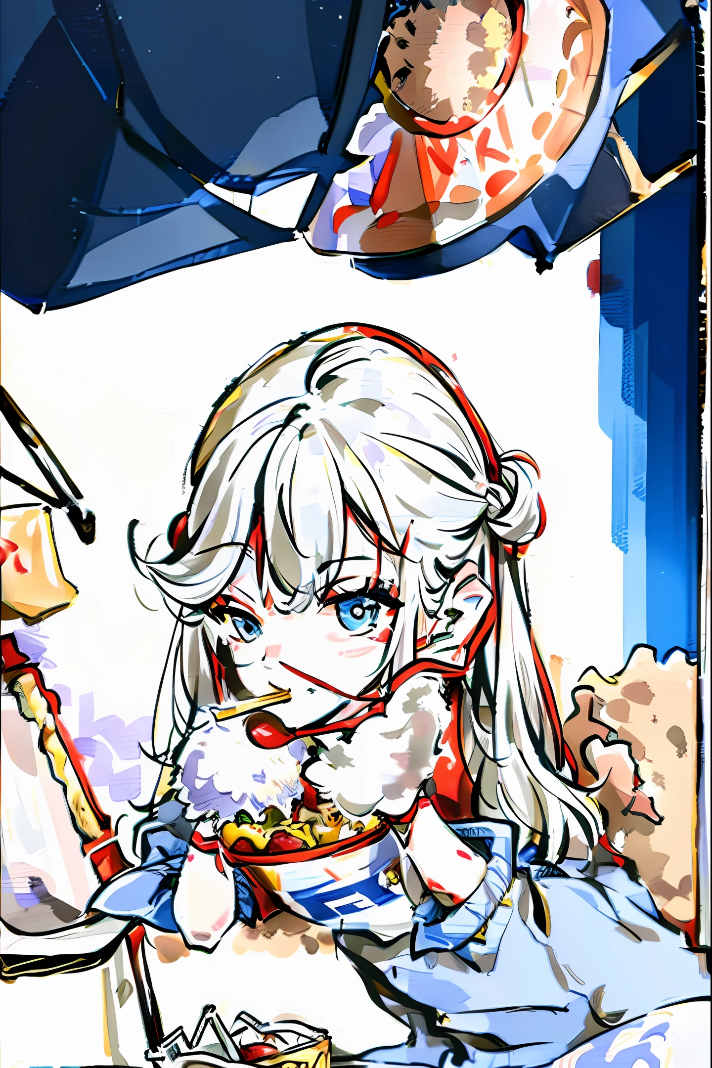 Man wearing kfc printed t-shirt eating kfc burger, holding kfc burger in one hand and kfc french fries in the other