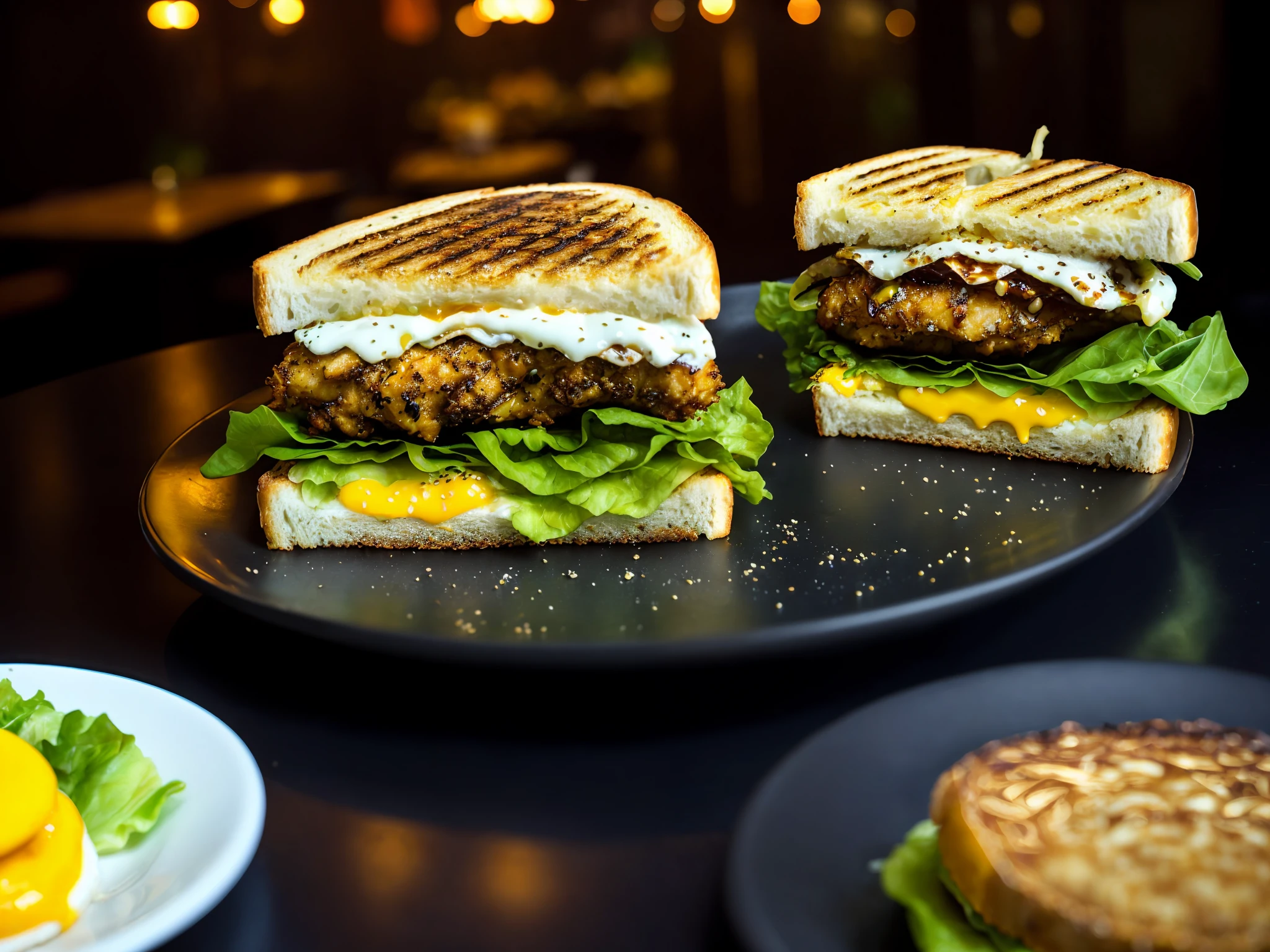 analog style, photorealistic, the most delicious grilled sandwich with sesame seeds with fried chicken, flowing egg yolk, lettuce, on a table in a cafe, dimly lit, light particles, haze, halation, bloom, dramatic atmosphere, centred, rule of thirds, 200mm 1.4f macro shot,