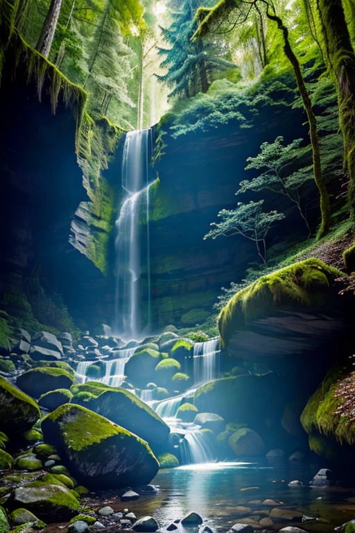 A serene forest with a cascading waterfall and a hidden cave, the sunlight is filtering through the trees and creating a magical atmosphere, there are mossy rocks and ferns surrounding the water, and fireflies are starting to glow in the dusk, Photography, wide-angle lens (16mm), --ar 16:9 --v 5