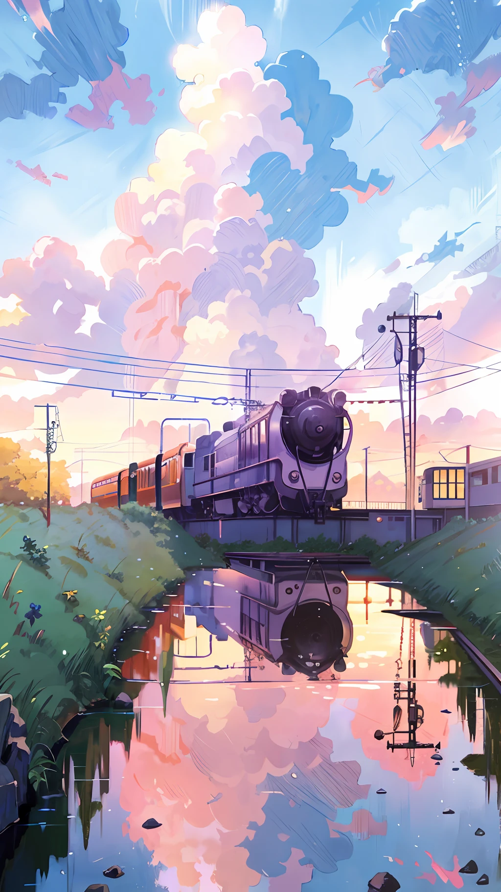 Anime train on track through body of water, image by Makoto Shinkai, pixiv, concept art, lofi art style, reflection. super high quality. by makoto shinkai, lofi art, beautiful anime scenes, anime scenery, detailed scenery—width 672, in style of makoto shinkai, style of makoto shinkai, details enhanced.