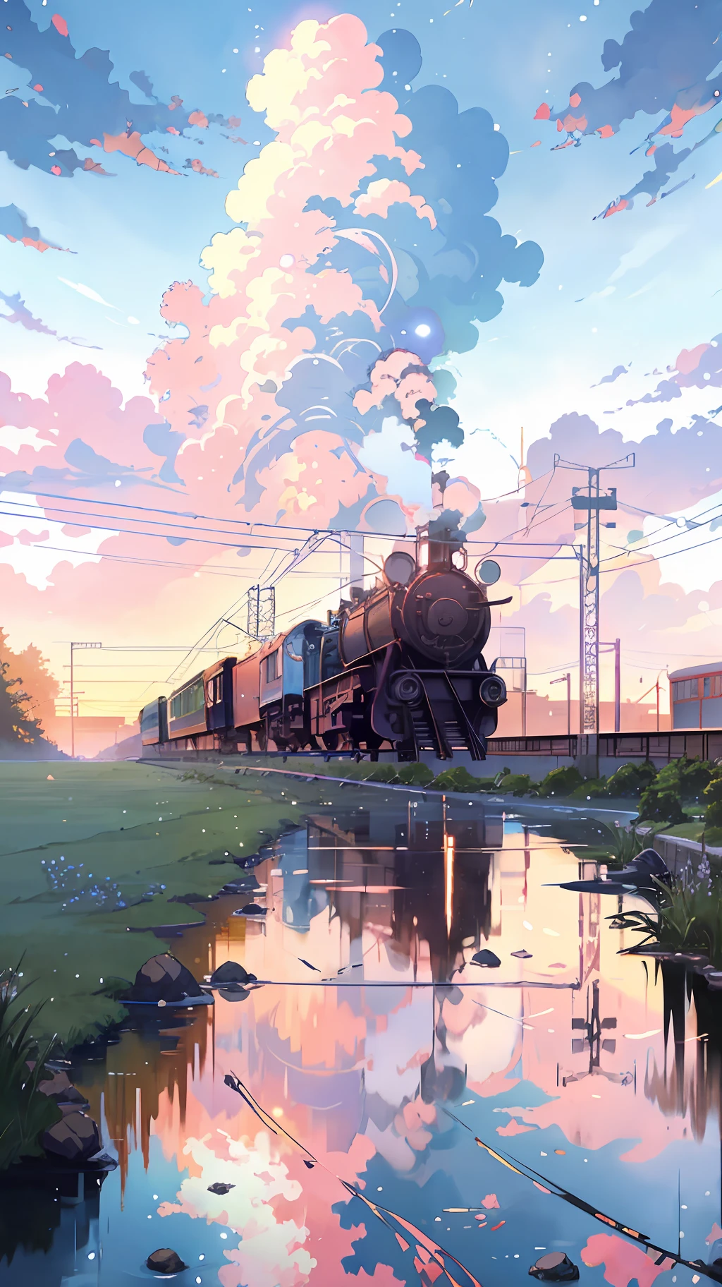 Anime train on tracks through body of water, image by Makoto Shinkai, pixiv, concept art, lofi art style, reflection. Enhanced detail, perfect picture quality. by makoto shinkai, lofi art, beautiful anime scenes, anime scenery, detailed scenery—width 672, in style of makoto shinkai, style of makoto shinkai