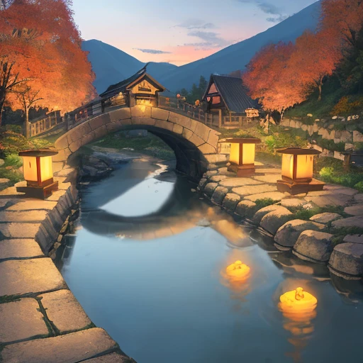 Visualize a close-up of a quaint stone bridge over a meandering stream in a mountain village during autumn. Use Anime Background Art style to add texture and detail to the scene, with gently falling leaves and reflections of the colorful foliage in the water. Include a small house or two in the background, and add a sense of warmth with flickering lanterns hanging from the bridge. Incorporate sounds of flowing water and chirping birds to further enhance the peaceful atmosphere of the scene.
