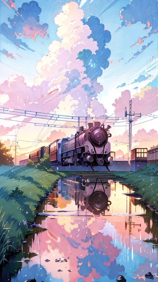 anime train on tracks passing over a body of water, a picture by Makoto Shinkai, pixiv, conceptual art, lofi artstyle, reflections. by makoto shinkai, lofi art, beautiful anime scene, anime landscape, detailed scenery —width 672, in style of makoto shinkai, style of makoto shinkai