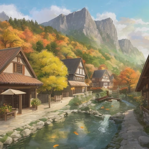 a ground-level view of a mountain village during autumn, featuring a winding path through the colorful foliage and past traditional houses. Use Anime Background Art style to add depth and detail to the scene, with intricate roof designs and colorful gardens. Include a meandering stream with a small waterfall and a quaint stone bridge, and add a sense of motion with falling leaves and a gentle breeze. Use warm colors like gold and orange to accentuate the cozy atmosphere of the village scene.