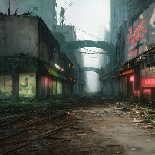 Anime Background Art scene of a post-apocalyptic city, with crumbling buildings and ivy-covered streets. Use a mix of watercolor and digital painting mediums to add texture and detail to the scene, with collapsed bridges and abandoned vehicles scattered throughout. Use Katsuhiro Otomo's cyberpunk style to add futuristic elements to the scene, such as holographic billboards and neon lights. Add a sense of desolation by incorporating rusted metal structures and other signs of decay.