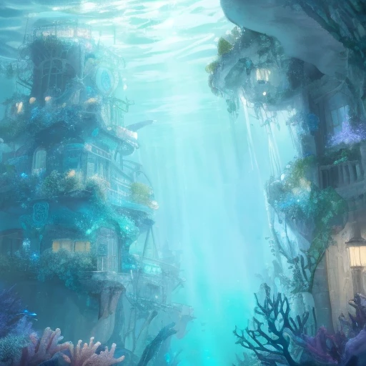 Anime Background Art scene of an underwater city, with unique architecture and bioluminescent sea creatures. Use a mix of Art Nouveau and Art Deco styles to add a touch of elegance and sophistication to the scene, with flowing lines and geometric shapes blending seamlessly into the underwater environment. Populate the scene with inhabitants featuring unique adaptations for life in the sea, such as gills and webbed fingers. Use a watercolor medium to add depth and texture to the scene, with phosphorescent tendrils and iridescent coral reefs adding a sense of otherworldly beauty.