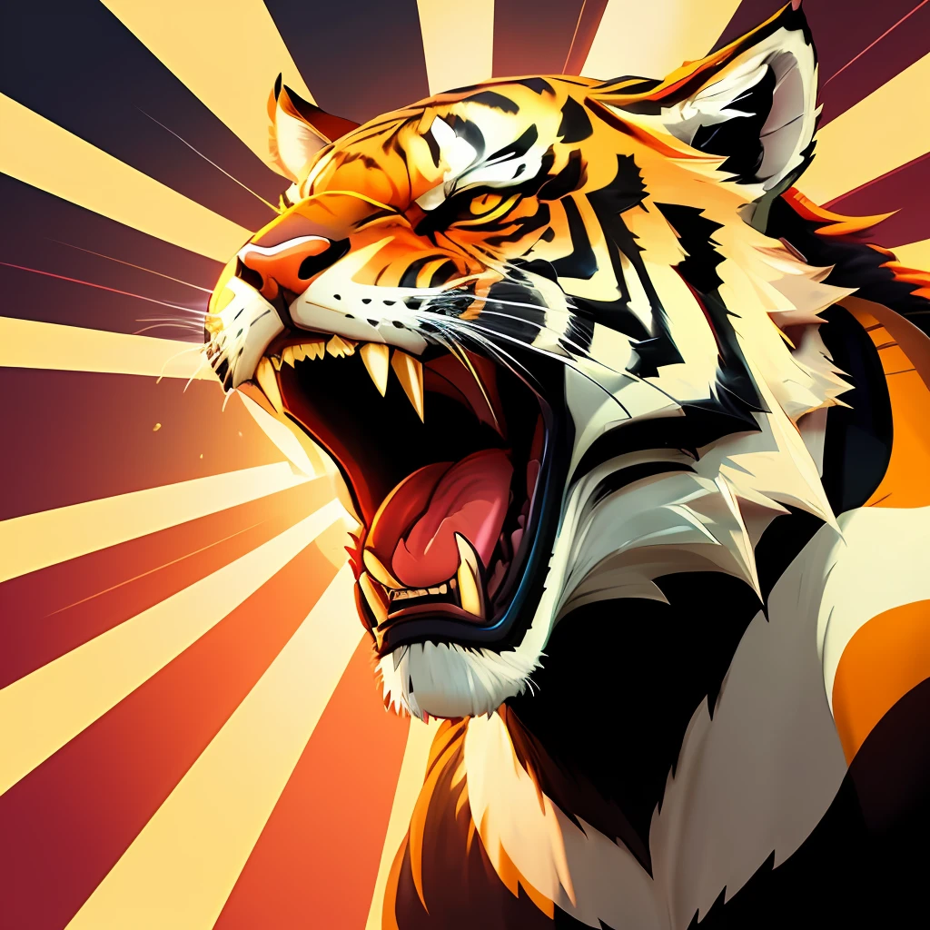 Tiger head ferocious side profile open mouth illustration majestic japanese cartoon style anthropomorphic tiger half tiger vector art digital painting roaring striking detailed art style flat style