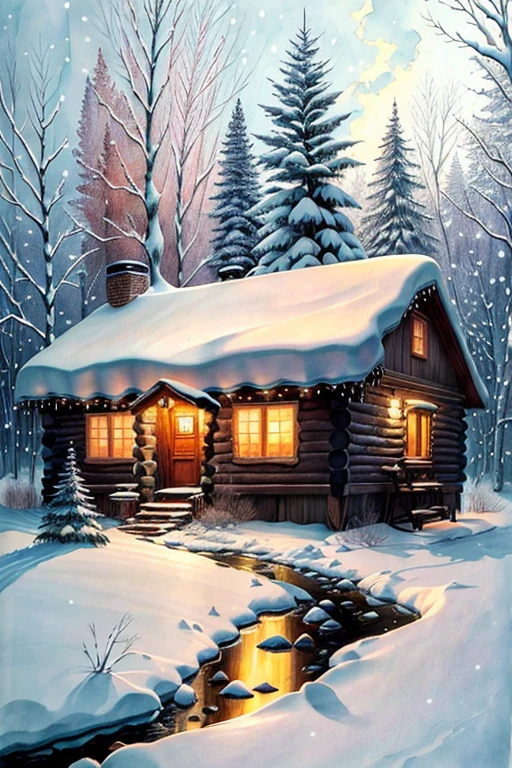 A cozy winter scene with a rustic cabin in the woods, snow-covered trees, and a gentle snowfall, warm lights shining from the cabin windows, creating a feeling of comfort and refuge, Artwork, watercolor on paper, --ar 1:1 --niji