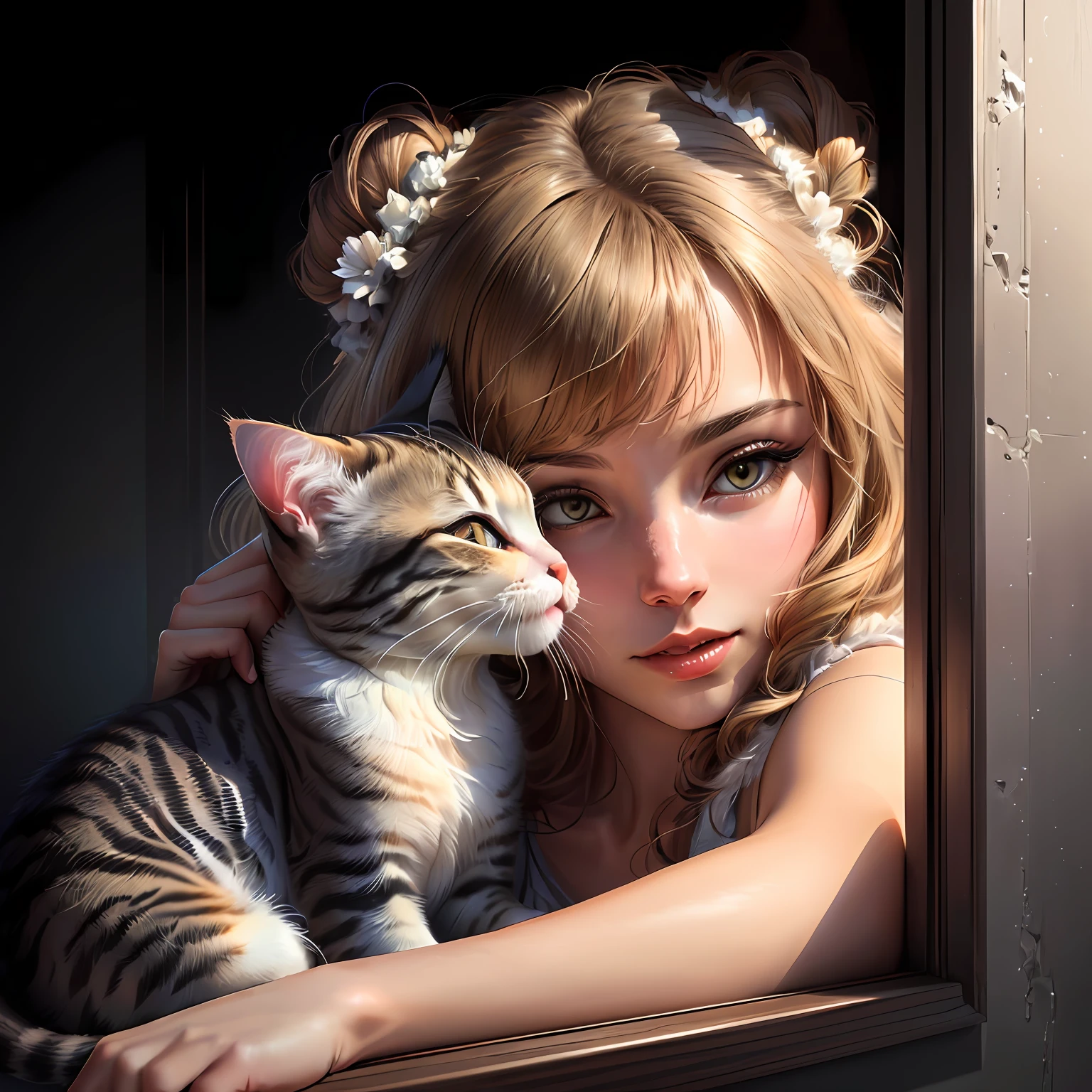(cat licking kitten), ultra-realistic, high resolution, detailed fur texture, soft and warm lighting, close-up shot, gentle and tender mood