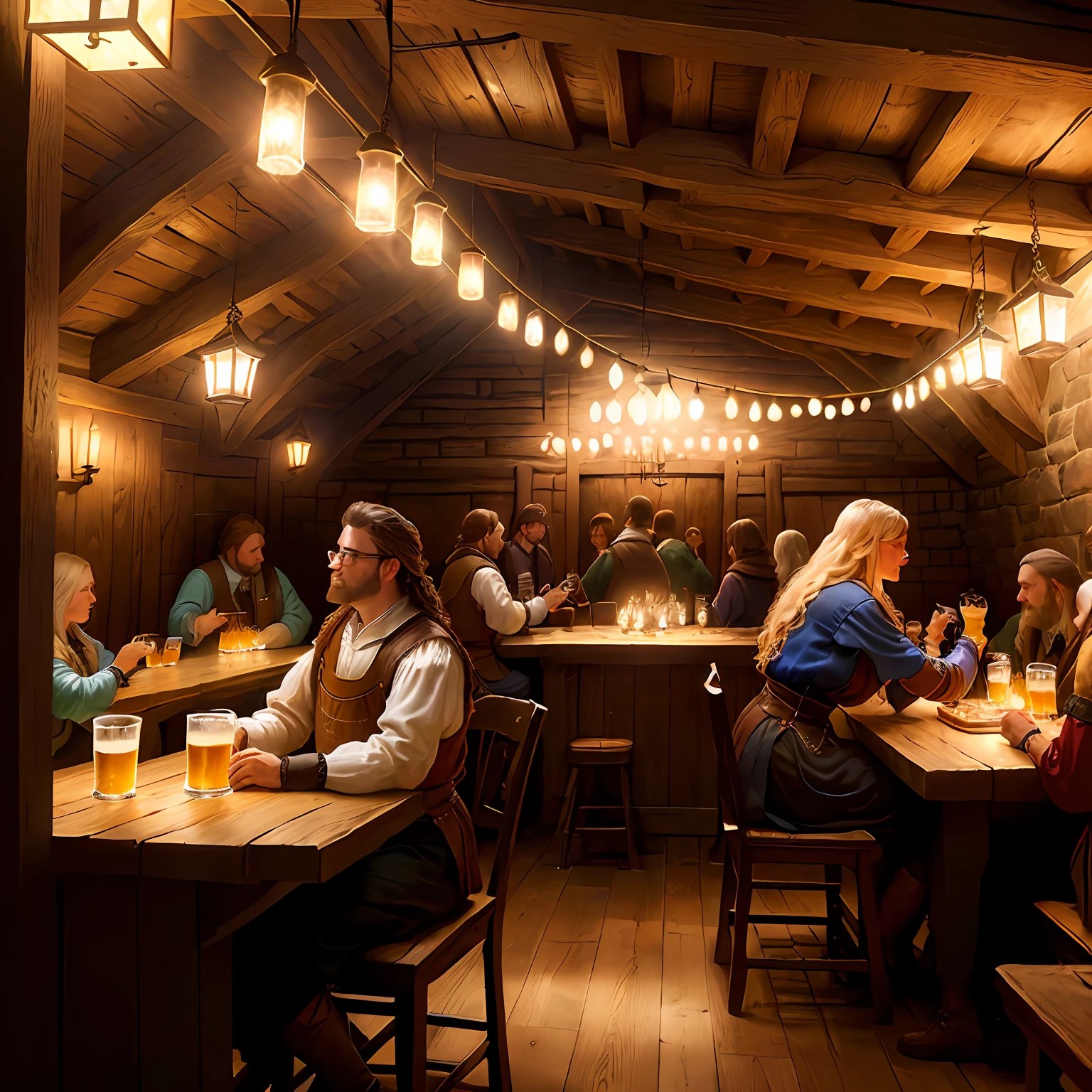 Interior view of a medieval style tavern at night, people drinking beer from wooden glasses, someone playing a guitar, warm light, the owner is cleaning the tables, people are dressed plainly