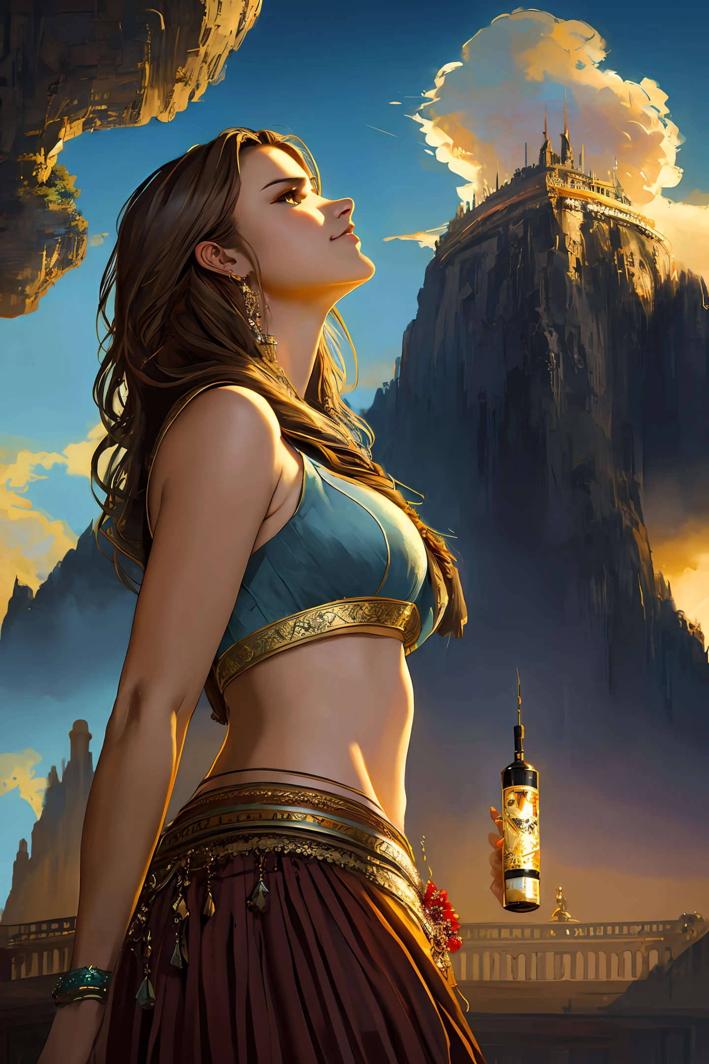 Woman in crop top smirking, (extremely detailed CG unity 8k wallpaper), (((from below))), (((low angle))), looking at camera, beautiful face gorgeous navel, breasts perfect body voluptuous HDR Digital painting art by wlop artgerm greg rotkowski alphonse mucha cgsociety, professional majestic oil painting by Ed Blinkey, Atey Ghailan, Studio Ghibli, by Jeremy Mann, Greg Manchess, Antonio Moro, trending on ArtStation, trending on CGSociety, Intricate, High Detail, Sharp focus, dramatic, photorealistic painting art by midjourney and greg rutkowski