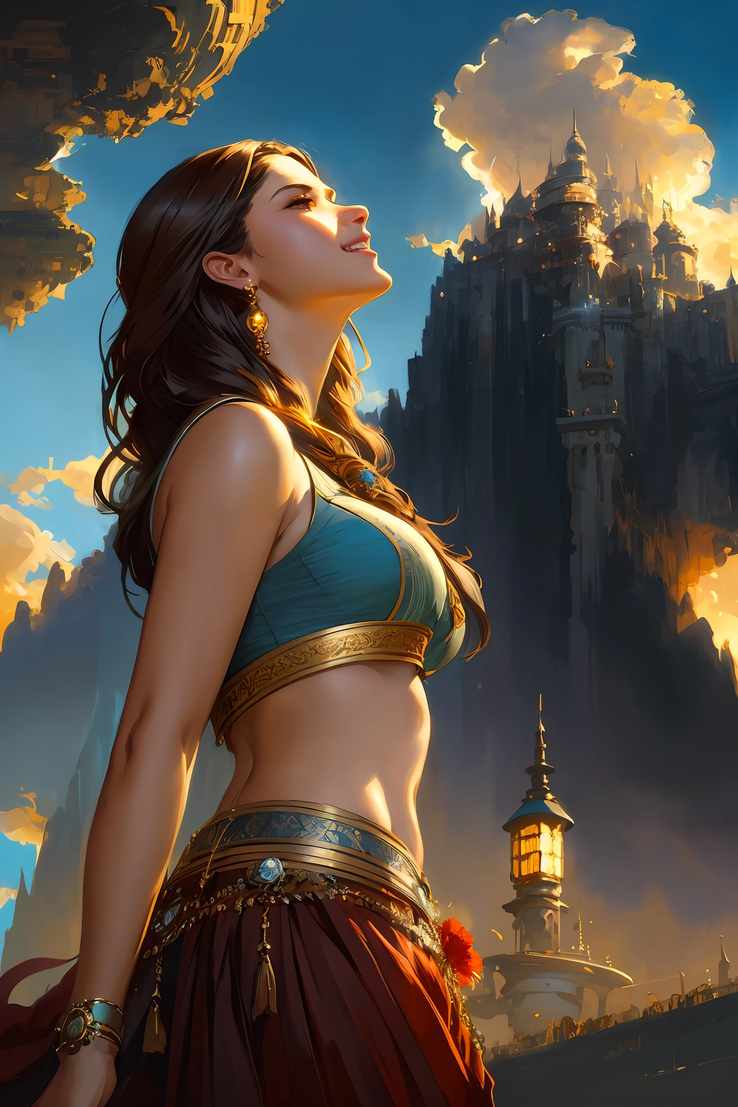 Woman in crop top laughing, (extremely detailed CG unity 8k wallpaper), (((from below))), (((low angle))), looking at camera, beautiful face gorgeous navel, breasts perfect body voluptuous HDR Digital painting art by wlop artgerm greg rotkowski alphonse mucha cgsociety, professional majestic oil painting by Ed Blinkey, Atey Ghailan, Studio Ghibli, by Jeremy Mann, Greg Manchess, Antonio Moro, trending on ArtStation, trending on CGSociety, Intricate, High Detail, Sharp focus, dramatic, photorealistic painting art by midjourney and greg rutkowski