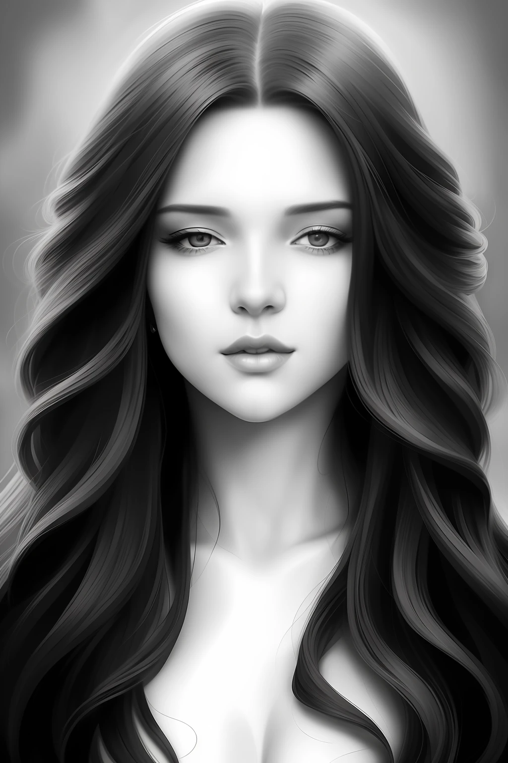 a black and white drawing of a woman with long hair, gorgeous digital art, beautiful digital artwork, beautiful digital art, black and white artwork, beautiful gorgeous digital art, stunning digital art, gorgeous digital painting, art of alessandro pautasso, stunning digital painting, sultry digital painting, style digital painting, elegant digital painting, exquisite digital art, beautiful digital painting