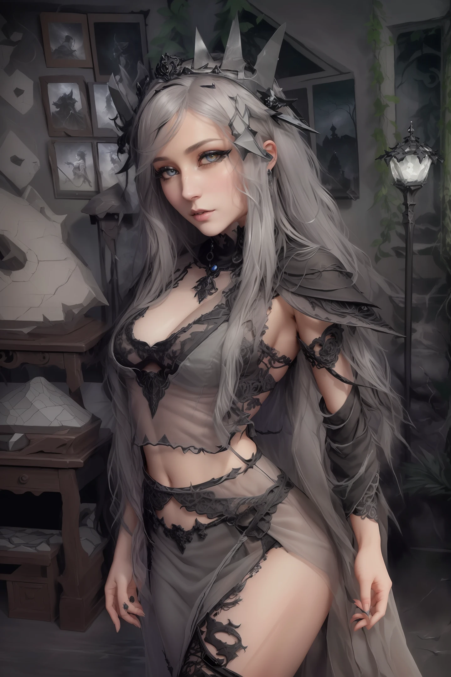 analog style, midriff exposed, ((intricate details)), full torso shot, cold lighting, dark grey broken landscape backdrop, beautiful, ((pale gothic evil princess)), (black hair), (intricate), ((skeletal onyx dress armor)), ((less clothing)), ((skimpy clothing)), ((intricate jagged obsidian crown)), dynamic pose, windblown hair, perfect face, (realistic eyes), round iris, ((grey eyes)), perfect eyes, intricate, complex, Helios 44-2, bokeh, trending on artstation, sharp focus, studio photo, intricate details, highly detailed, sharp, dnd character portrait, (oil on canvas), perfect lighting, Masterpiece, detailed background, portrait by artgerm and greg rutkowski, cinematic lighting, 8k