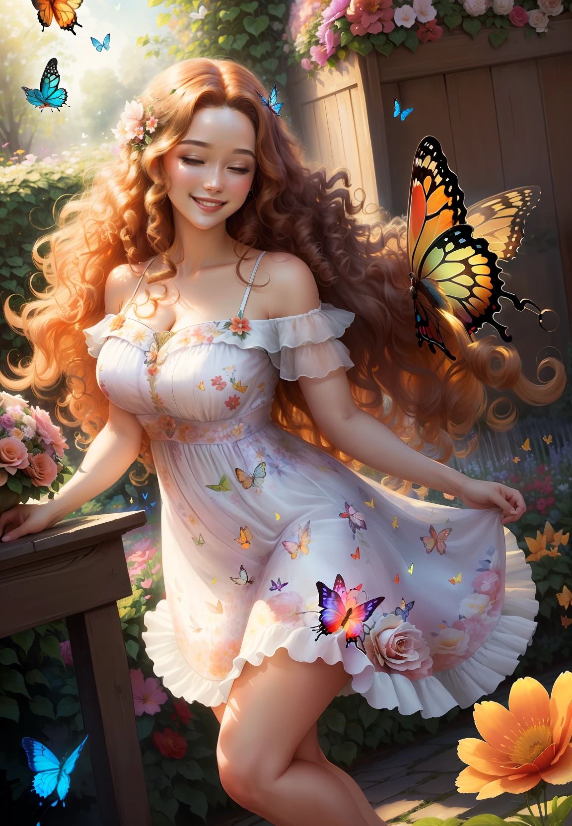 (masterpiece) best quality, high resolution, (dynamic angle) (dynamic pose) (1 woman), (long curly hair), (bright smile), (lovely dress) (floral pattern), (garden scene) (detailed background) (volumetric light), (floating), (butterflies fluttering around her)