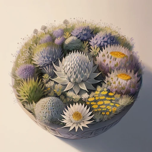 An exquisite and detailed line art drawing in colour, showcasing a Scotch thistle (Silybum marianum) in a summer meadow. Created in a "ligne claire" style with strong lines and no hatching, inspired by the works of Edgar P. Jacobs and Jacques Martin. The intricate and delicate depiction of the Scotch thistle is the main focus of this masterpiece.