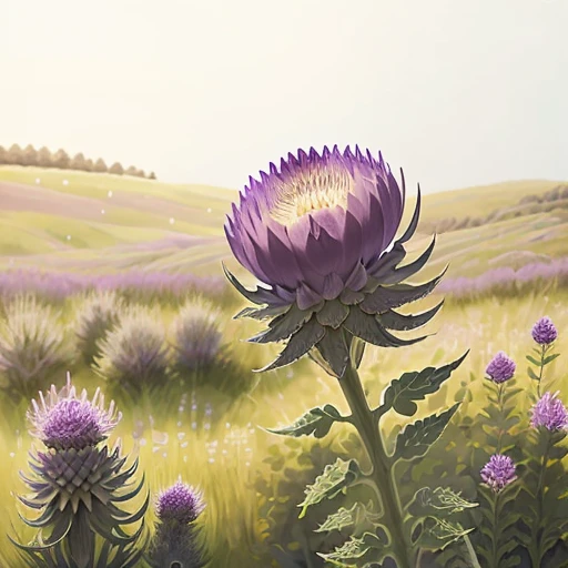 A purple Scotch thistle (Silybum marianum) in a summer meadow, exquisite and detailed line art drawing in colour, in the "ligne claire" style (strong and clear lines, no hatching), by Edgar P. Jacobs and Jacques Martin, intricate, extremely high details