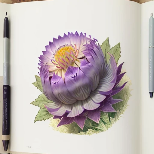 A purple Scotch thistle (Silybum marianum) in a summer meadow, exquisite and detailed line art drawing in colour, in the "ligne claire" style (strong and clear lines, no hatching), by Edgar P. Jacobs and Jacques Martin, intricate, extremely high details