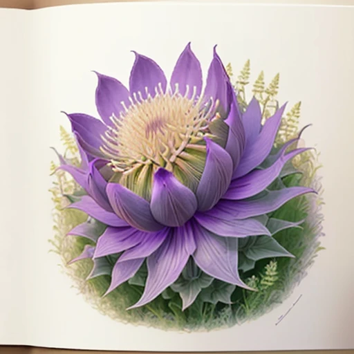 A tall purple Scotch thistle (Silybum marianum) in a summer meadow, exquisite and detailed line art drawing in colour, in the "ligne claire" style (strong and clear lines, no hatching), by Edgar P. Jacobs and Jacques Martin, intricate, extremely high details