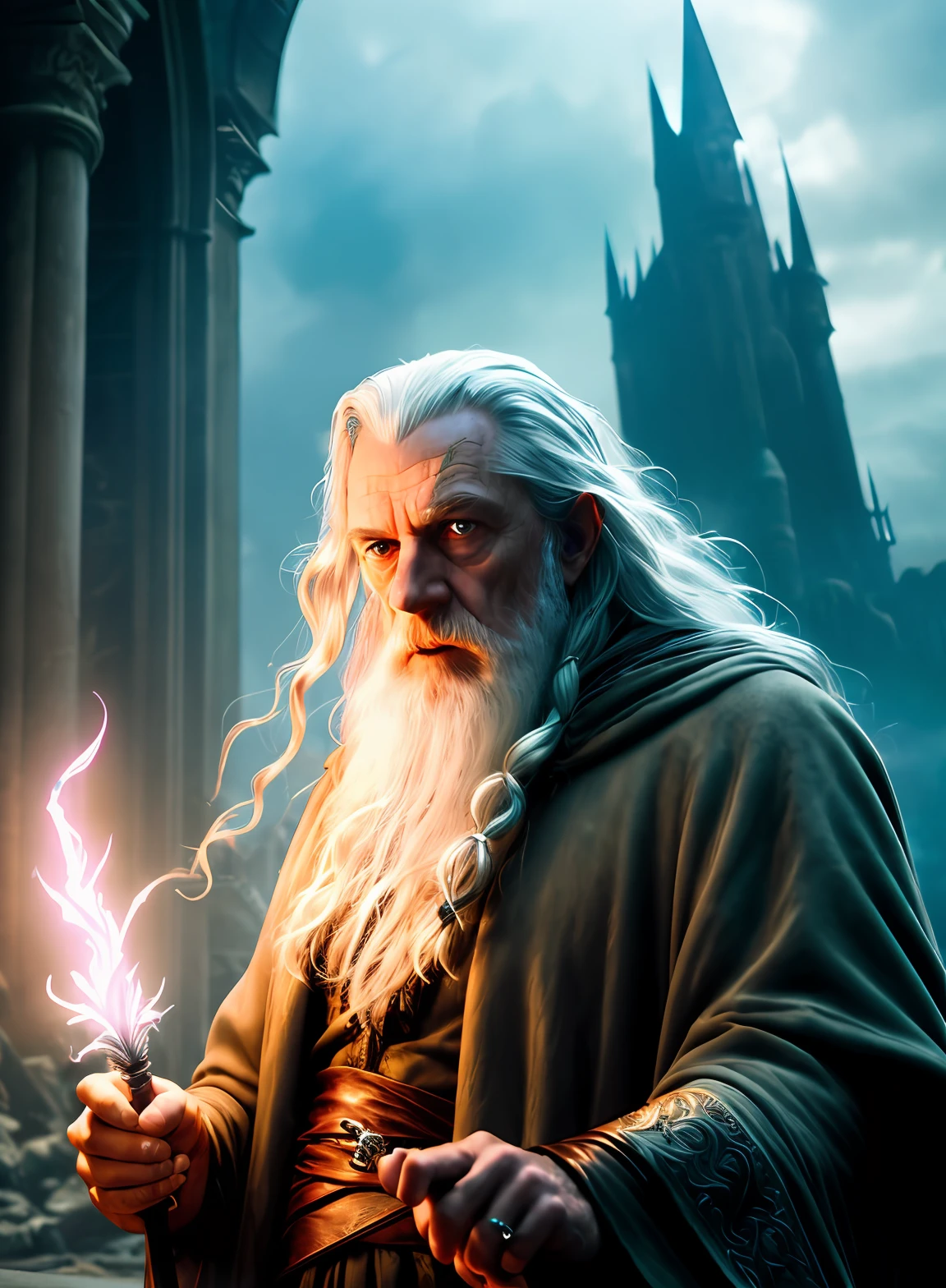 modelshoot style, (extremely detailed 8k wallpaper),a full shot photo of cyberpunk gandalf casting a spell, Intricate, High Detail, dramatic, fantasy world, fantastic location, skin pores, very dark lighting, heavy shadows, detailed, detailed face, (vibrant, photo realistic, realistic, dramatic, dark, sharp focus, 8k), lotr, far away,