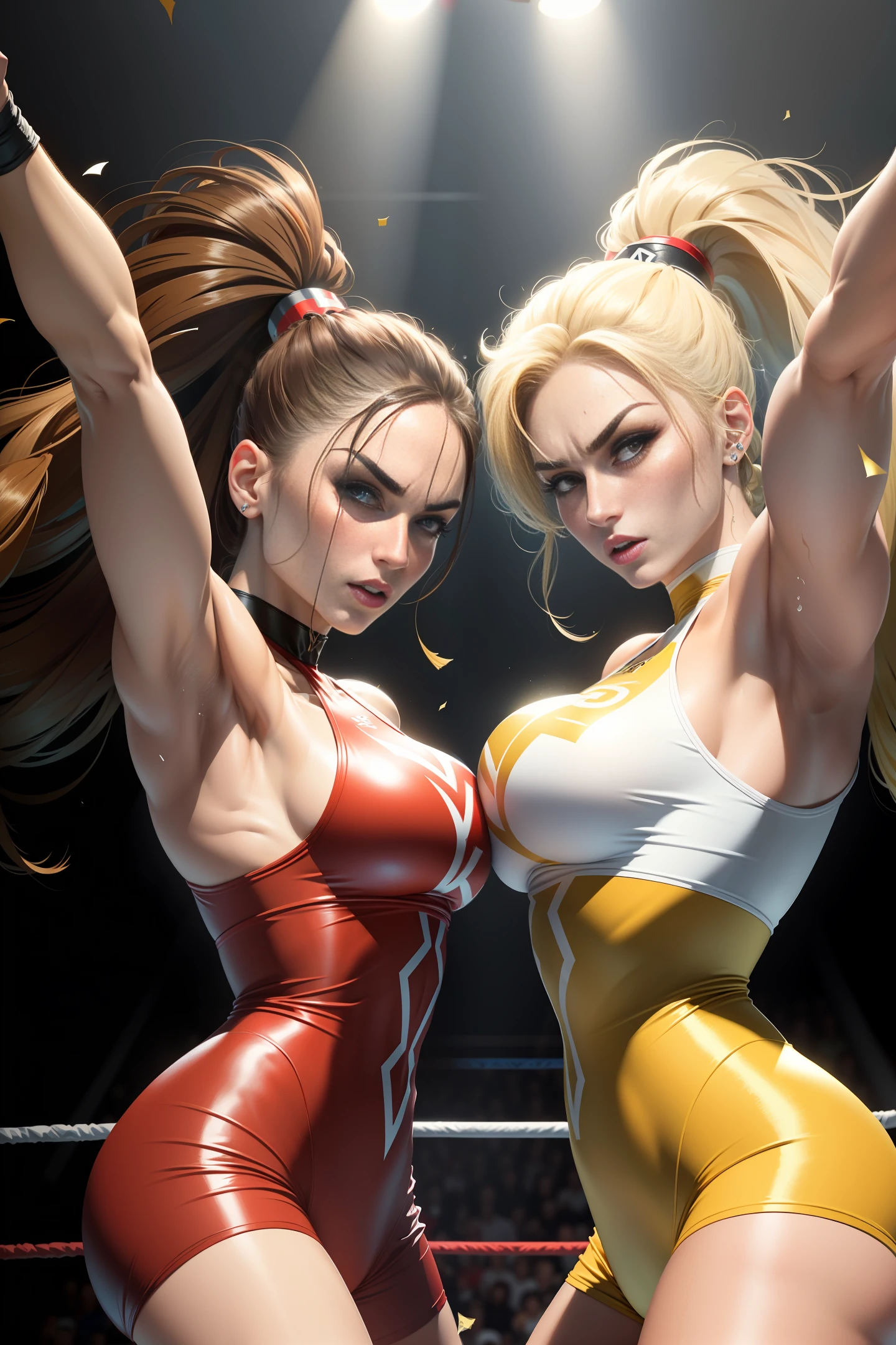 (Dynamic wrestling ring shot) ::1+ "Ultra-detailed CG unity 8k wallpaper of fierce WWE wrestlers Bree and Nikki Bella, the dynamic and beautiful Bella twins. (Dynamic posing, muscular bodies, determined expressions) :: 0.9+ (Tag: Athletic)(Tag: Fit) (Long hair: 1.2) (Brown hair: 1.1) (Blonde hair: 1.1) (Twin sisters: 1.3) (Dynamic wrestling shots: 1.2) (Fierce fighters: 1.1) (Sweat drops: 1.1) (Muscular legs: 1.1) (Championship belts: 1.2) (Confetti: 1.1)"