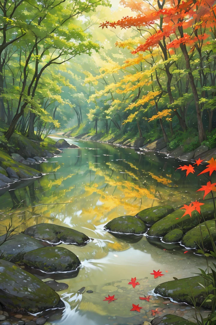 Forest
Stream
River
Spirit
Beautiful light
Leaves
Natural beauty
Wonder
Magic
Red leaves
Yellow leaves
Green forest
Light effects
Mystical ambiance
Water surface
River rocks
Shadows
Composition
Otherworldly experience