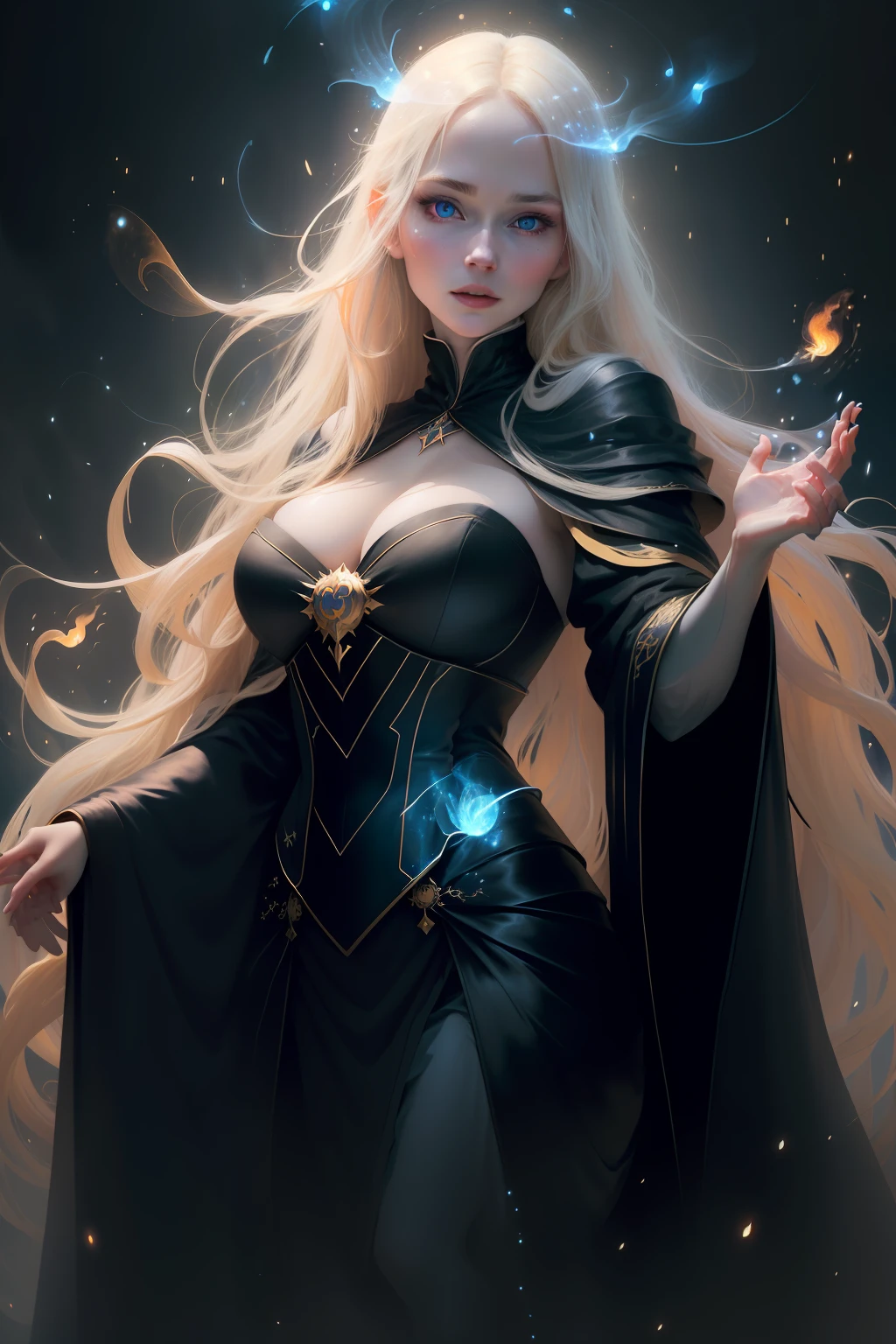 Sensual beautiful woman with round cheeks, realistic facial expression, long flurry blonde hair, light blue eyes, pale skin, wearing black robe with rich decoration, witch, confident expression, big breasts (magic mysterious background, fireflies, glowing particles, ethereal fog, faint darkness), high saturation, film light, rim light, best shadows, magic, fire