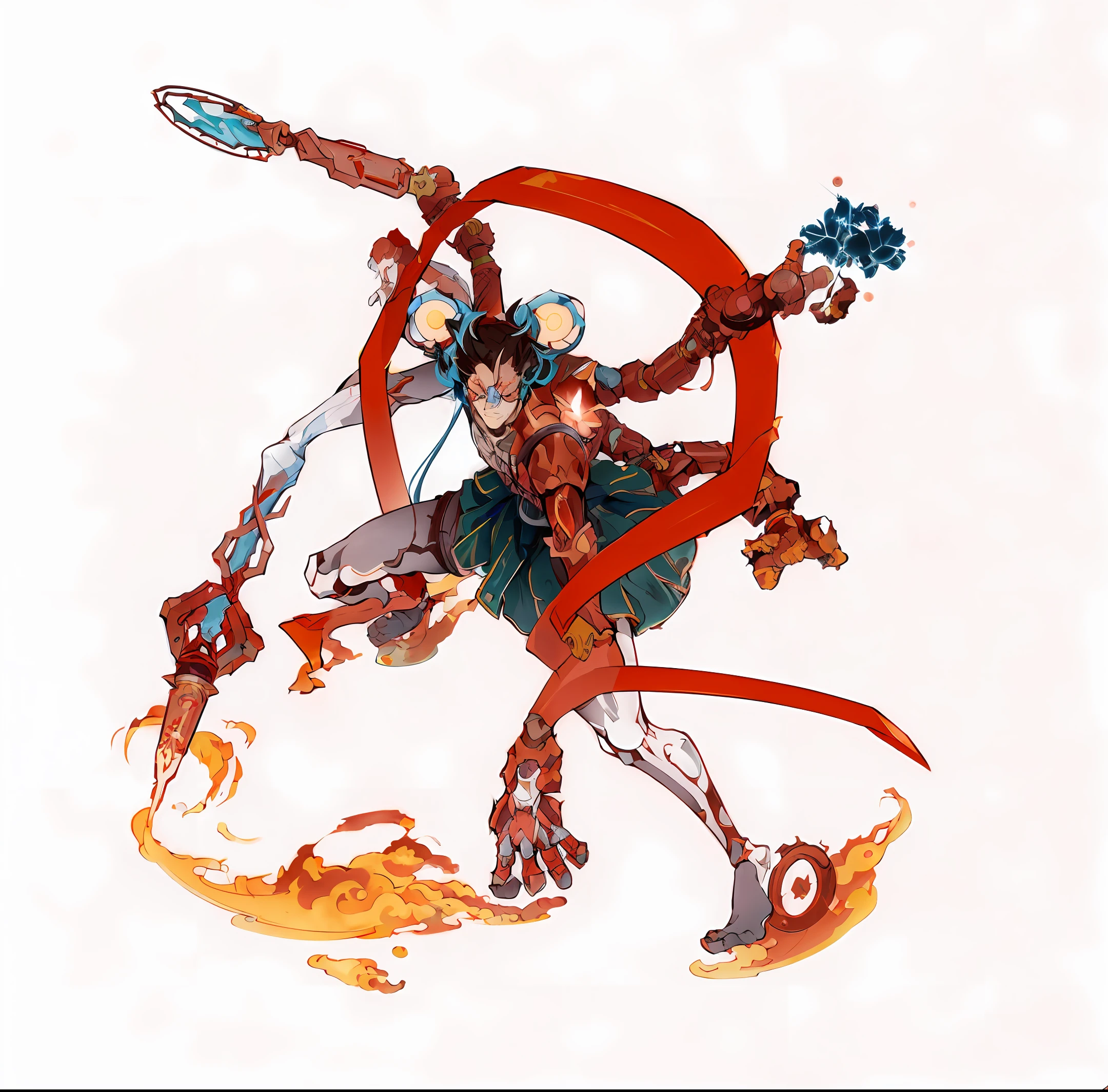 Anime character with guns and fire, nezha, katana zero video game character, concept art, official character art, chrono trigger guilt gear style, this character has cryogenic movement, mecha style greek god, kaladesh concept art. mechanical, arcane doom, g liulian art style