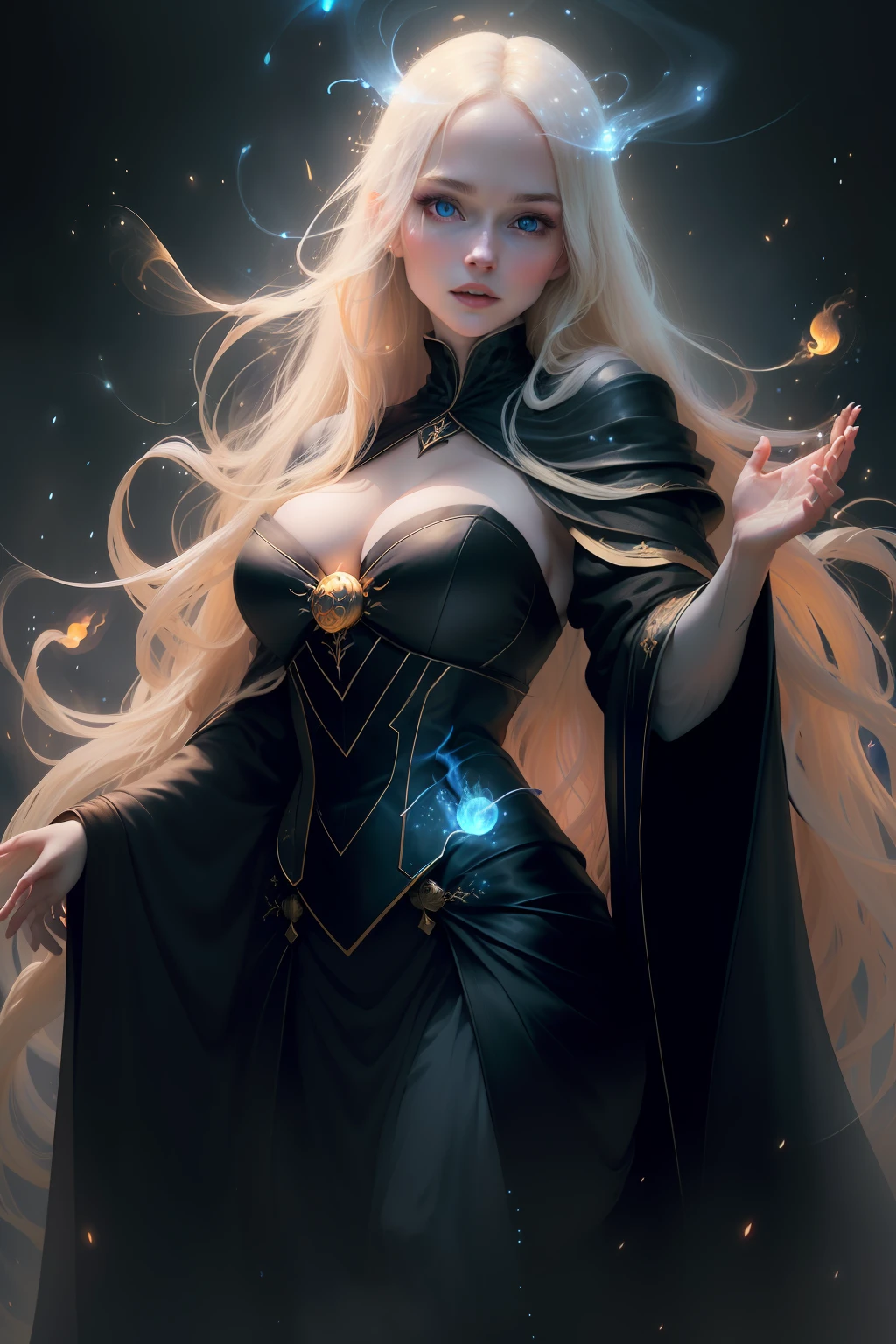 Sensual beautiful woman with round cheeks, realistic facial expression, long flurry blonde hair, light blue eyes, pale skin, wearing black robe with rich decoration, witch, confident expression, big breasts (magic mysterious background, fireflies, glowing particles, ethereal fog, faint darkness), high saturation, film light, rim light, best shadows, magic, fire
