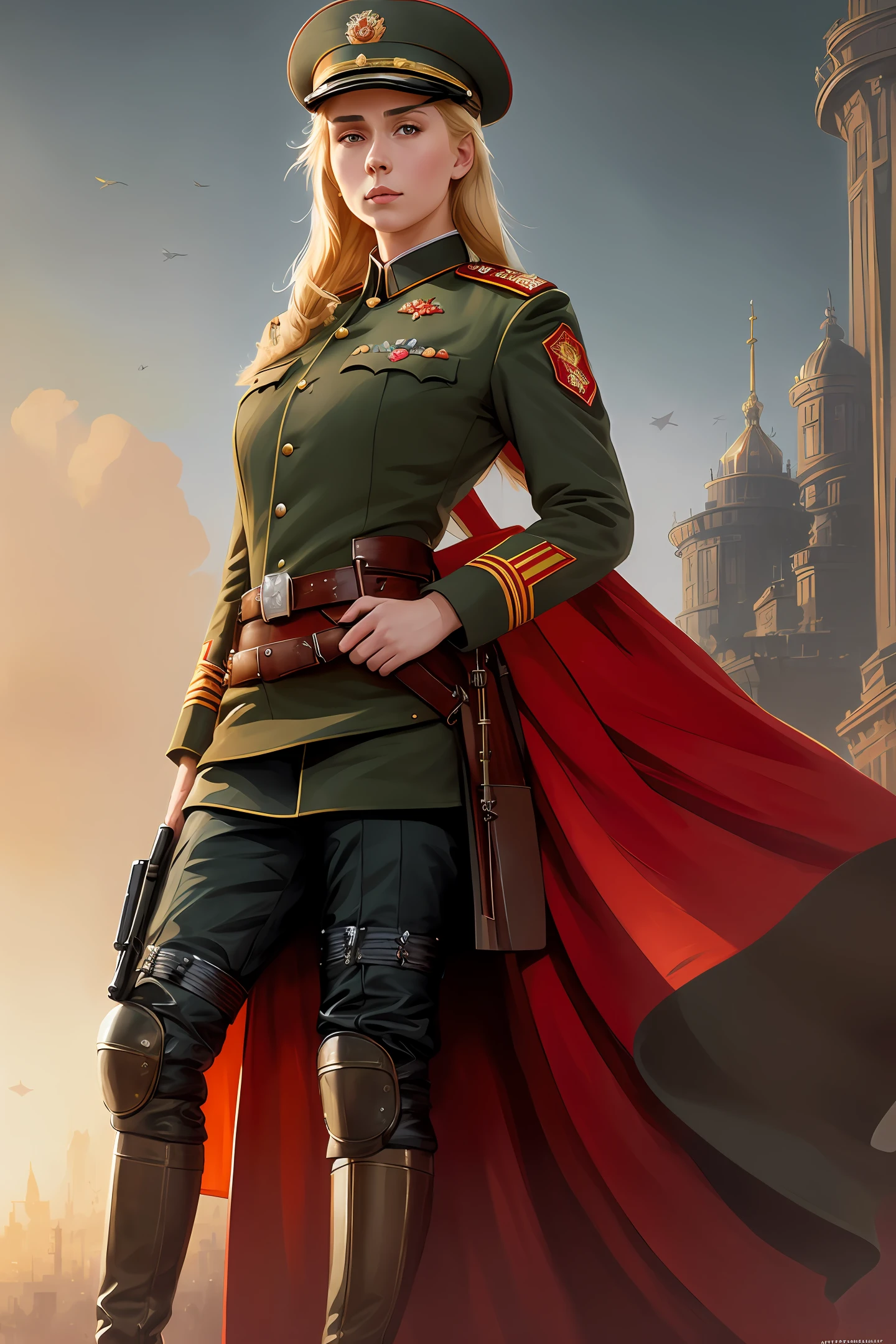 modelshoot style, (extremely detailed CG unity 8k wallpaper, hasselblad award winner), beautiful detailed portrait of a young blonde female, beautiful sports girl in the militia uniform of the Soviet Union, serious look, (NKVD style:1.4), cinematic lighting, ambient soft lighting, dramatic lighting, diffused soft lighting, aviator style, (detailed background with red flags of the soviet union:1.2), futuristic, imperial style, elite, rich, highly detailed, intricate, sexy uniform, hot body, small breasts, with a long blonde tail and a long brown fur leather coat, artstation, cgsociety art, DeviantArt trending, 8k HD, masterpiece, high quality, sharp focus, digital art by Artgerm and Greg Rutkowski and Alphonse Mucha, professional majestic oil painting by Ed Blinkey, Atey Ghailan, Studio Ghibli, by Jeremy Mann, Greg Manchess, Antonio Moro, trending on ArtStation, trending on CGSociety, Intricate, High Detail, Sharp focus, dramatic, photorealistic painting art by midjourney and greg rutkowski