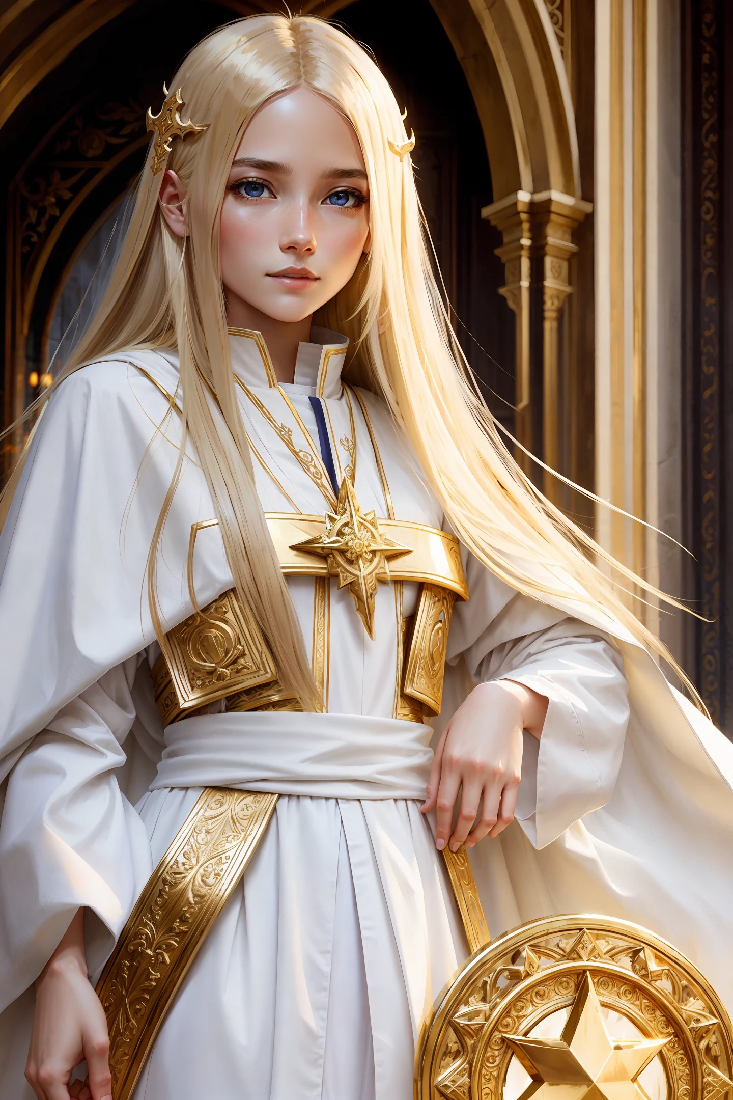 Human female, priest, long blonde hair, brown eyes, white skin, fantasy, dungeons and dragons, sun emblem, white priest robe, gold trim, warm light, sacred, bust, young, european, battle priest, strong gaze
