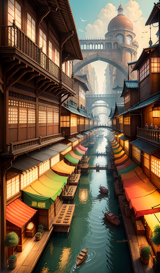 ((masterpiece)),((best quality)),((high detial)),((realistic,))
Industrial age city, architectural streets, bazaars, bridges, steampunk, japanese architecture, flying city