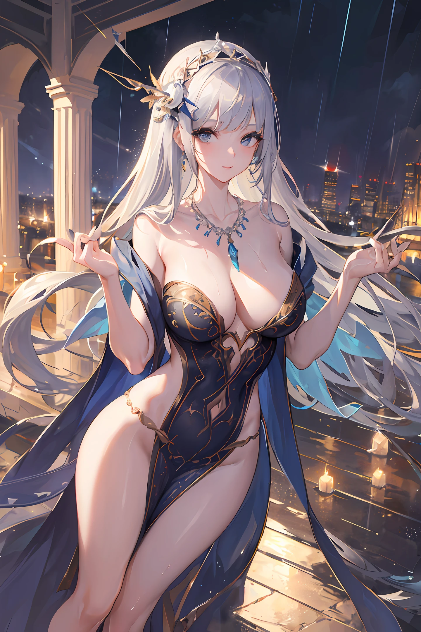 (8k, best quality, masterpiece: 1.2), 1 girl, headdress, portrait, (long loose silver skimpy dress: 1.1), necklace, blue nails, pretty, cityscape, night, rain, wet , professional lighting, photon mapping, radiosity, physics-based rendering, (mature woman: 1.1), (intricate details, taut clothing, hair ornaments: 1.2), slender figure and curvy, Correct limb