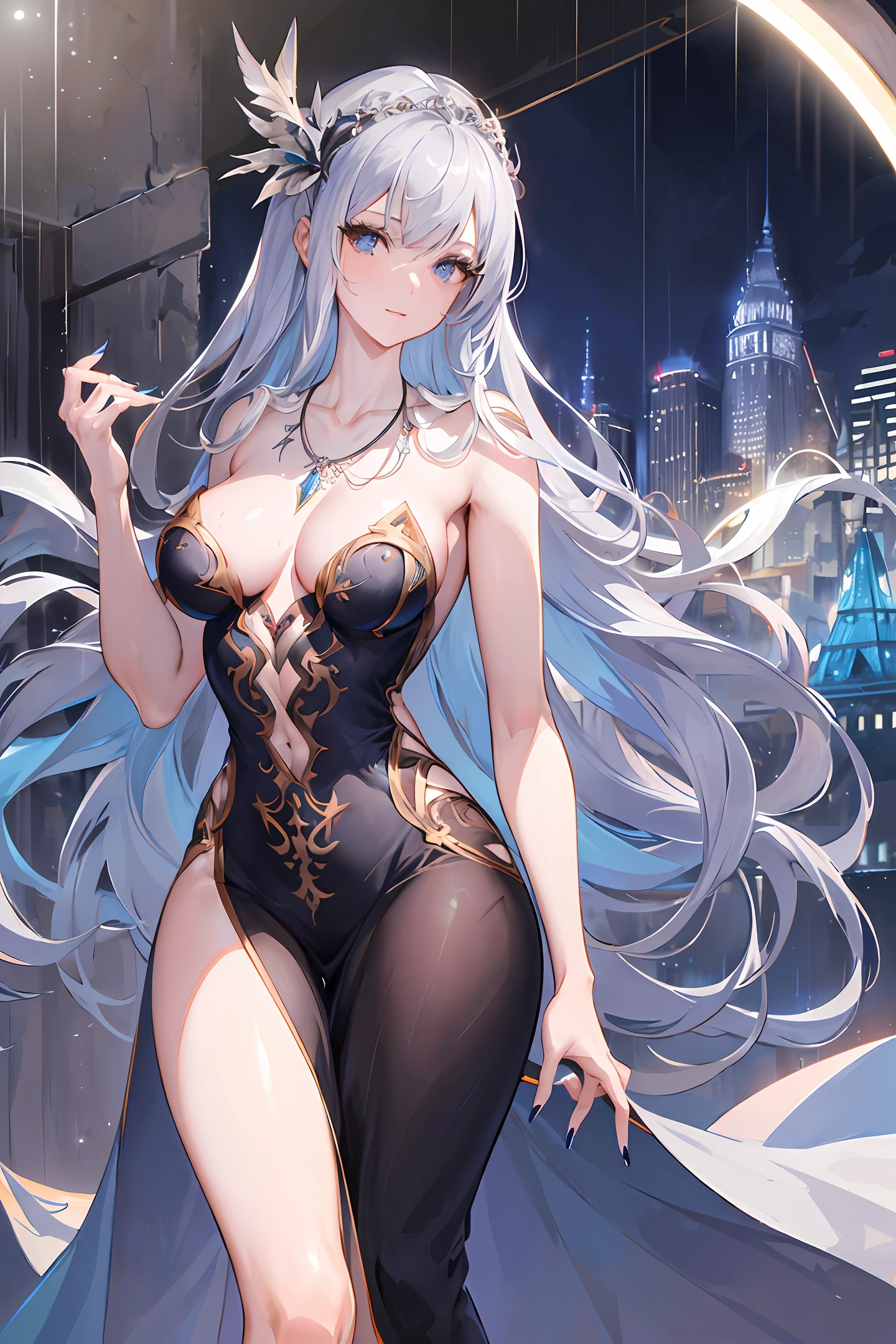 (8k, best quality, masterpiece: 1.2), 1 girl, headdress, portrait, (long loose silver skimpy dress: 1.1), necklace, blue nails, pretty, cityscape, night, rain, wet , professional lighting, photon mapping, radiosity, physics-based rendering, (mature woman: 1.1), (intricate details, taut clothing, hair ornaments: 1.2), slender figure and curvy, Correct limb