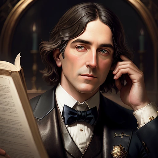 Portrait of Oscar Wilde as an arrogant fantasy wizard, detailed clothing, digital painting, hyperrealistic, fantasy, Surrealist, Johann Friedrich Overbeck, sharp focus, dramatic, vintage, atmospheric lighting, dark