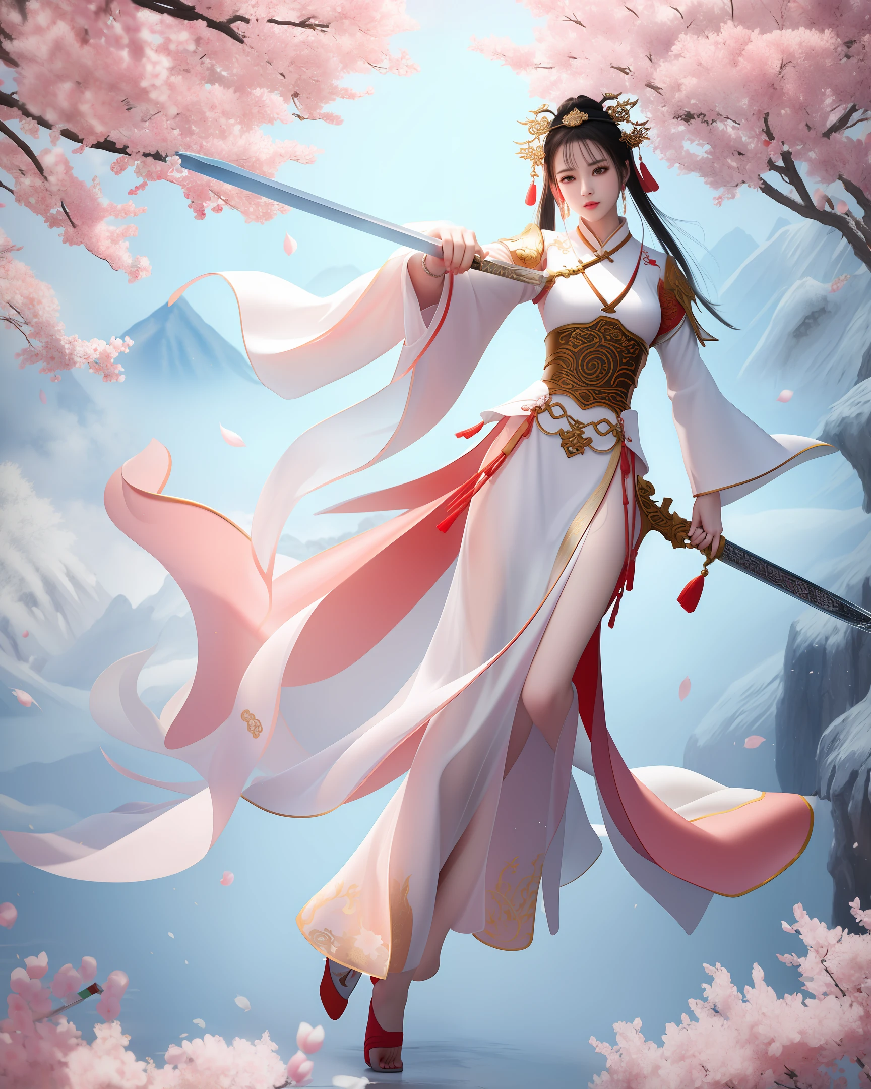 best quality, masterpiece, highres, 1girl,full body,right hand hold sword,chinese clothes,white Taoist robes,Beautiful face,peach trees,