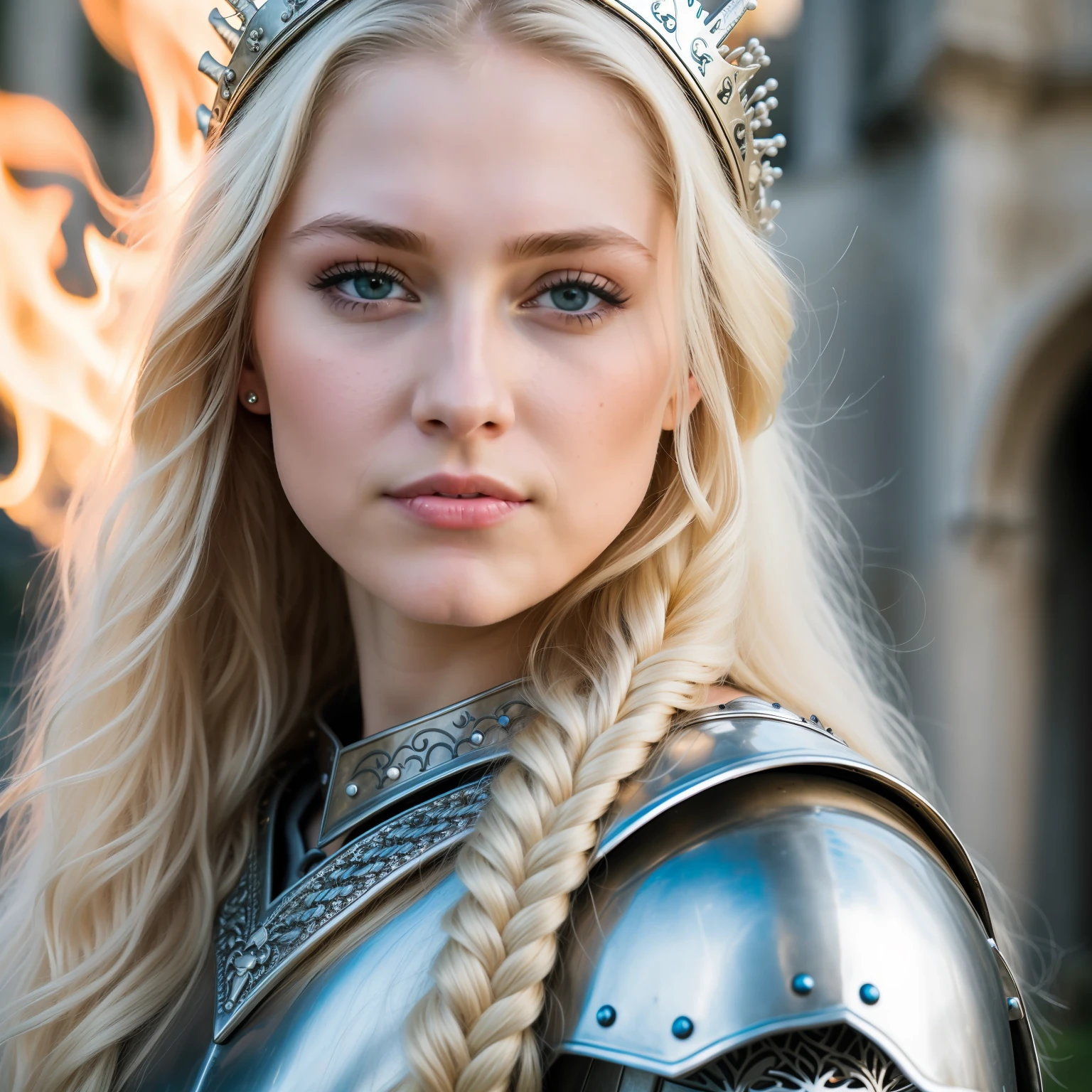 RAW photo, a close up portrait photo of a pretty 25 y.o woman in silver medieval armor, long blonde flowy hair, pale skin, slim body, blue eyes, background dark fantasy castle, (high detailed skin:1.2), magic, fire, 8k uhd, dslr, soft lighting, high quality, film grain, Fujifilm XT3